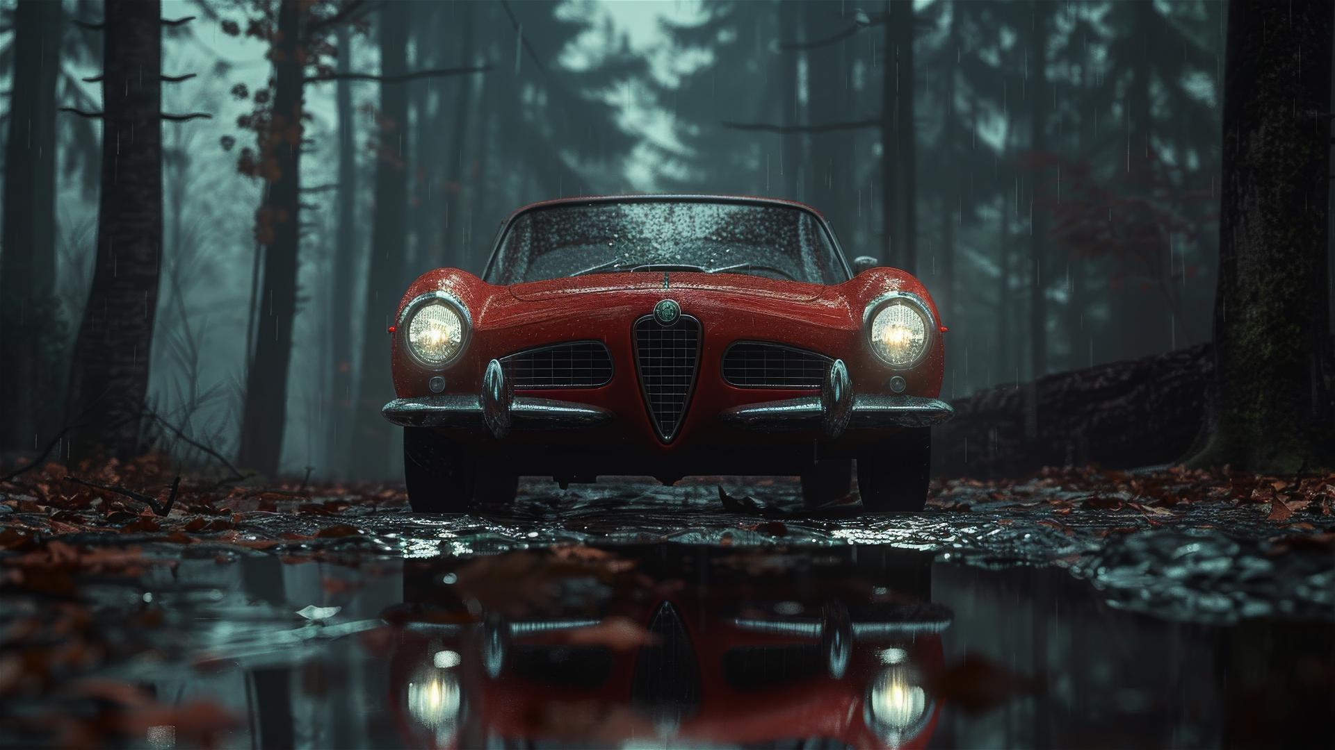 Alfa Romeo Giulia in gothic gloomy dim light, foggy and photorealistic closeup