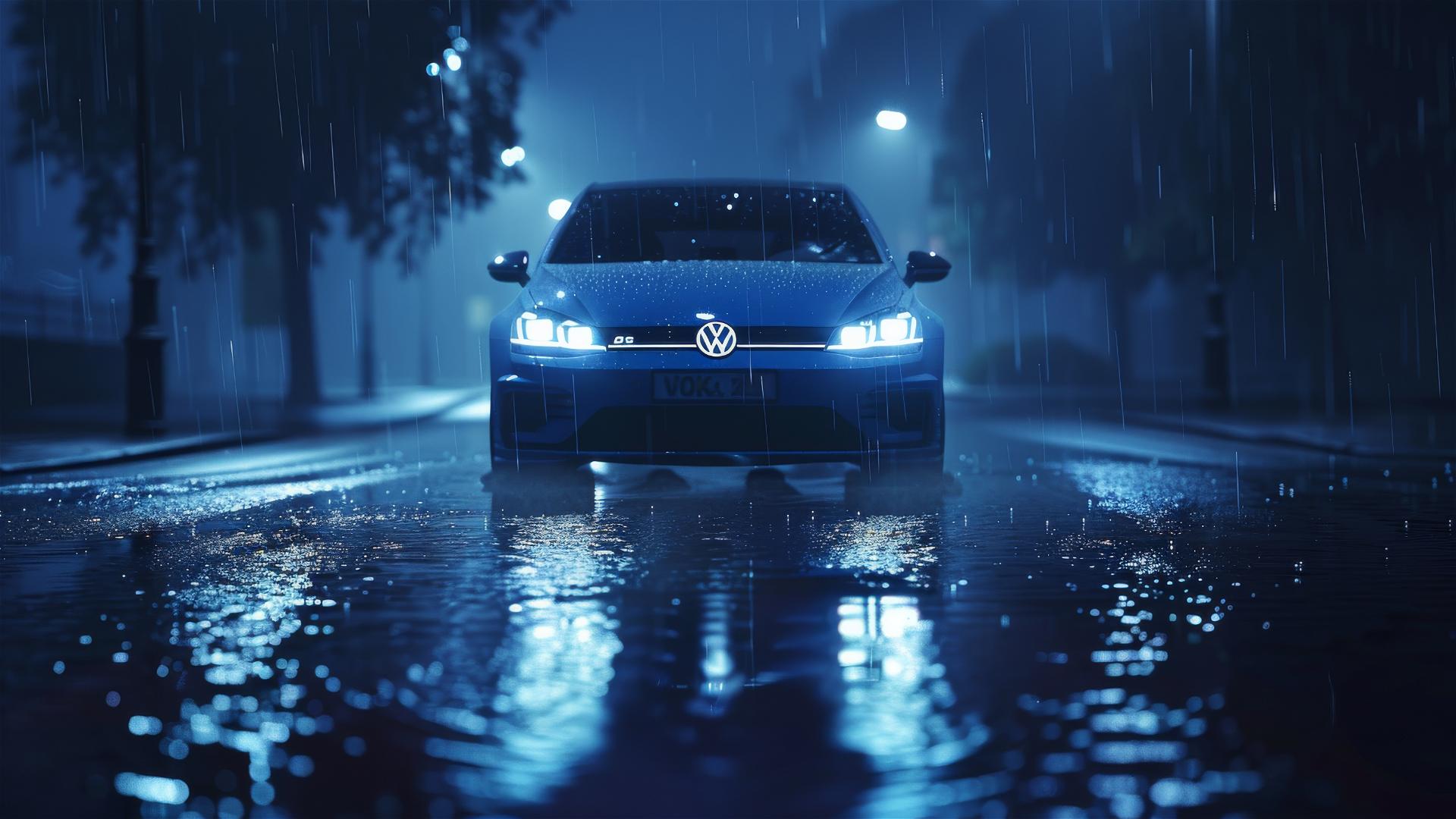 Close-up of a foggy Volkswagen Golf R in dim, gothic lighting