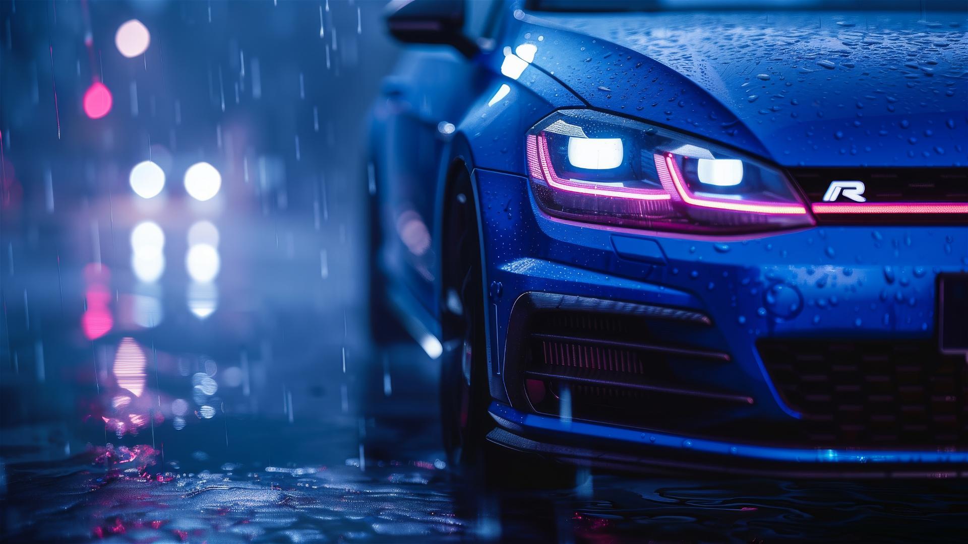 Volkswagen Golf R car in dim, foggy, gothic setting