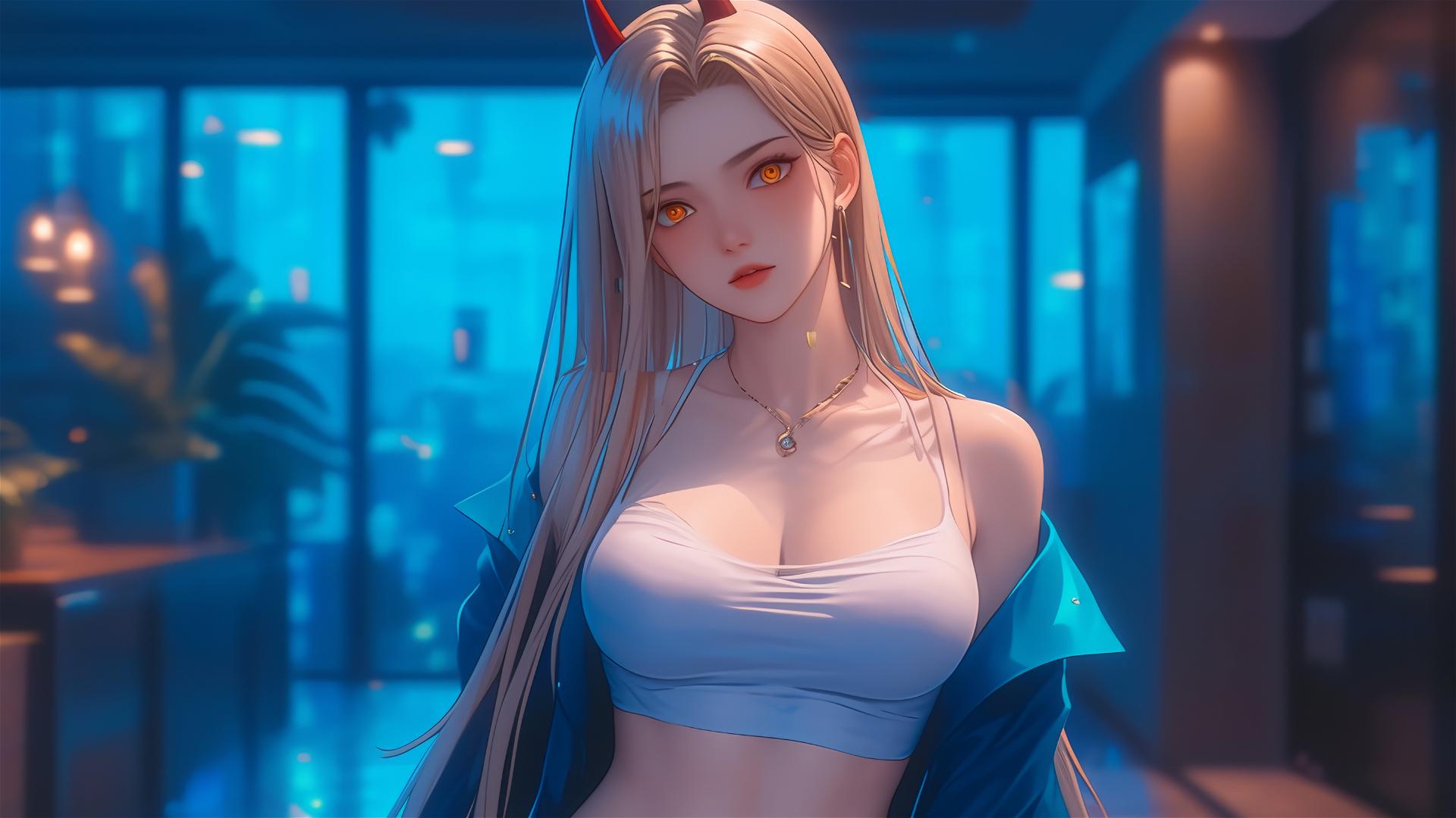 Power from Chainsaw Man in office hallway, blonde hair, red horns, yellow eyes