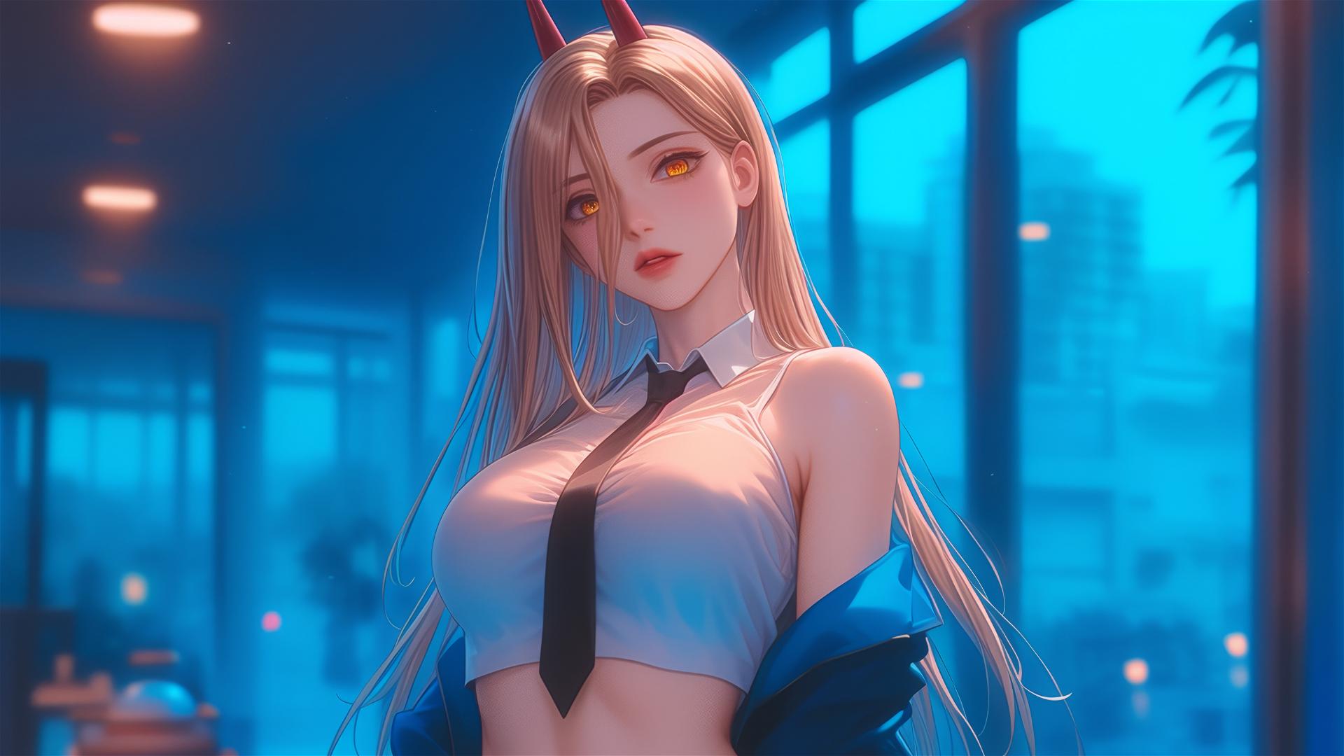 Power from Chainsaw Man at the end of an office hallway, with focus on blonde hair, light red horns, yellow eyes, and thighs.