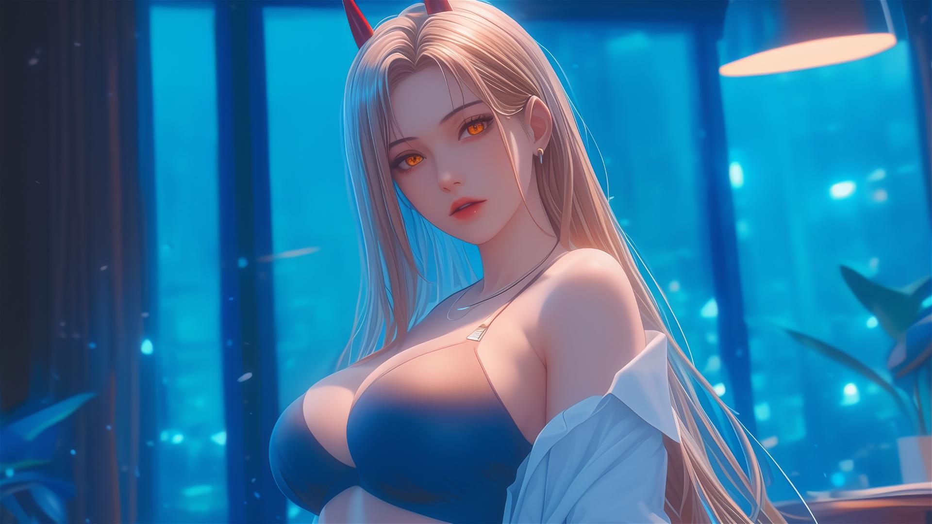 Blonde Power with red horns and yellow eyes at an office hallway’s end