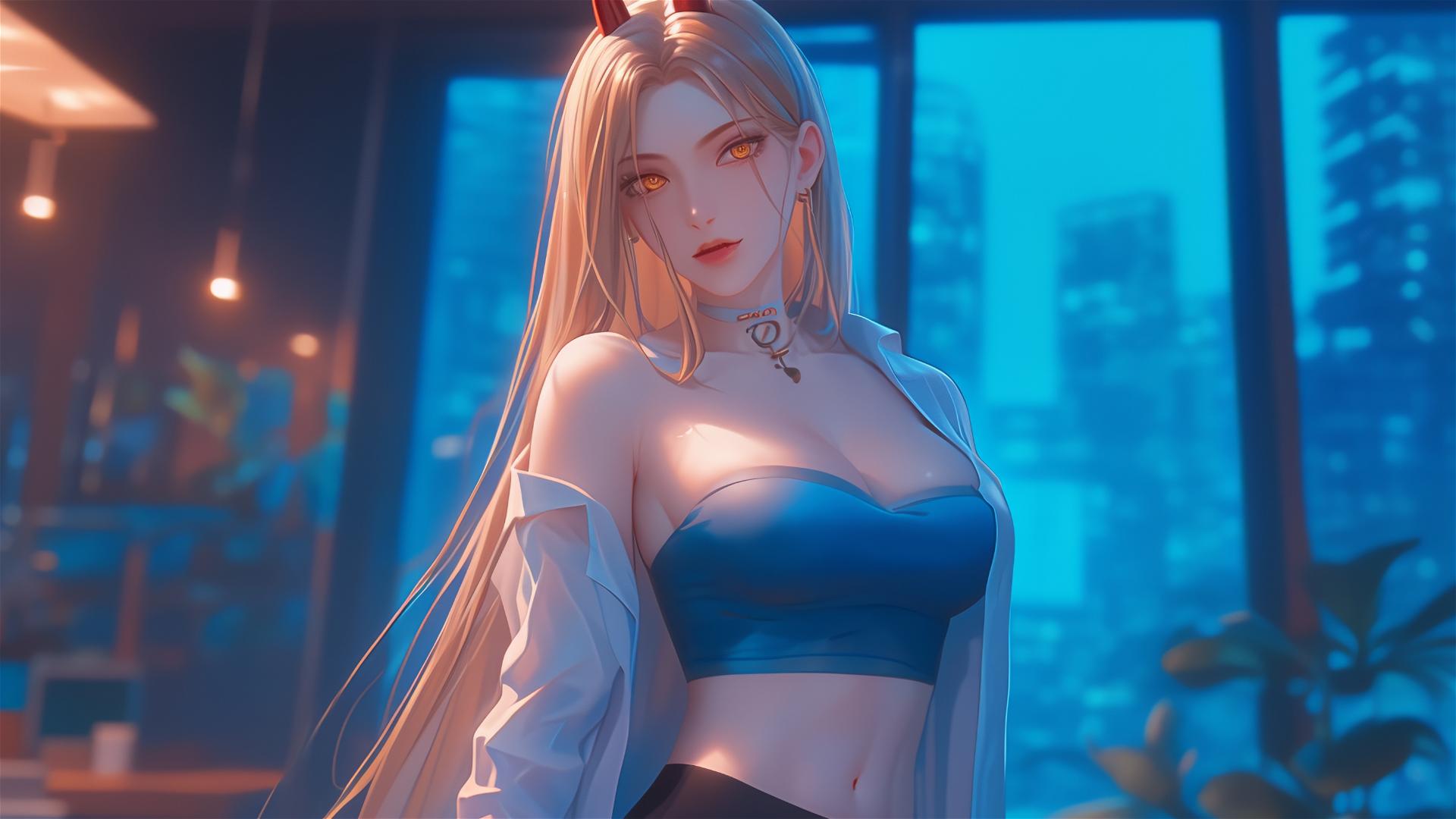 Power from Chainsaw Man with blonde hair and light red horns in office hallway