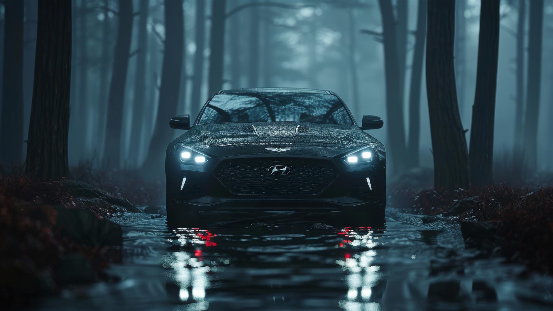 Photorealistic closeup view of Hyundai Genesis in Gothic, foggy, and dim lighting