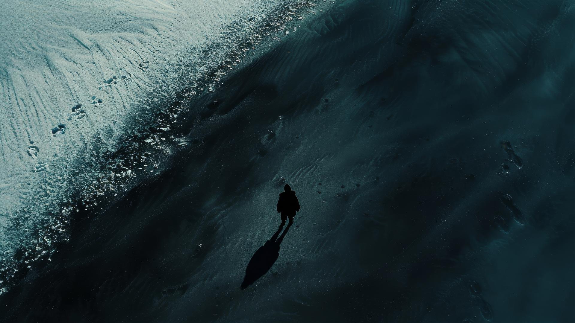 Aerial view of a solitary dark figure in the unknown regions of Antarctica, embodying stillness and loneliness