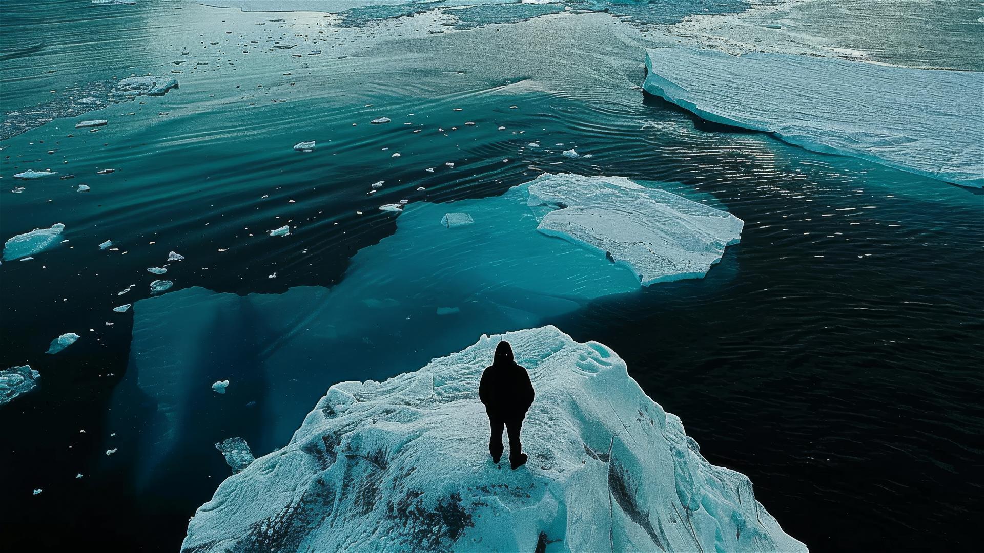 Aerial view of a dark figure in lonely, still Antarctica
