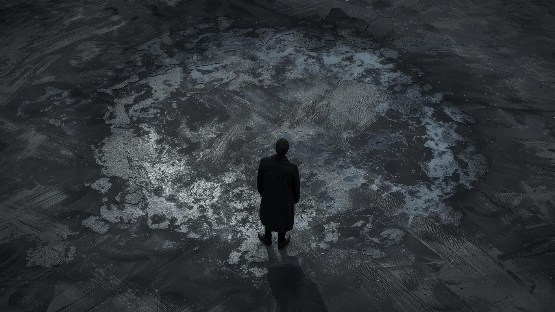 Dark figure on Antarctic ground seen from above, depicting loneliness and stillness.