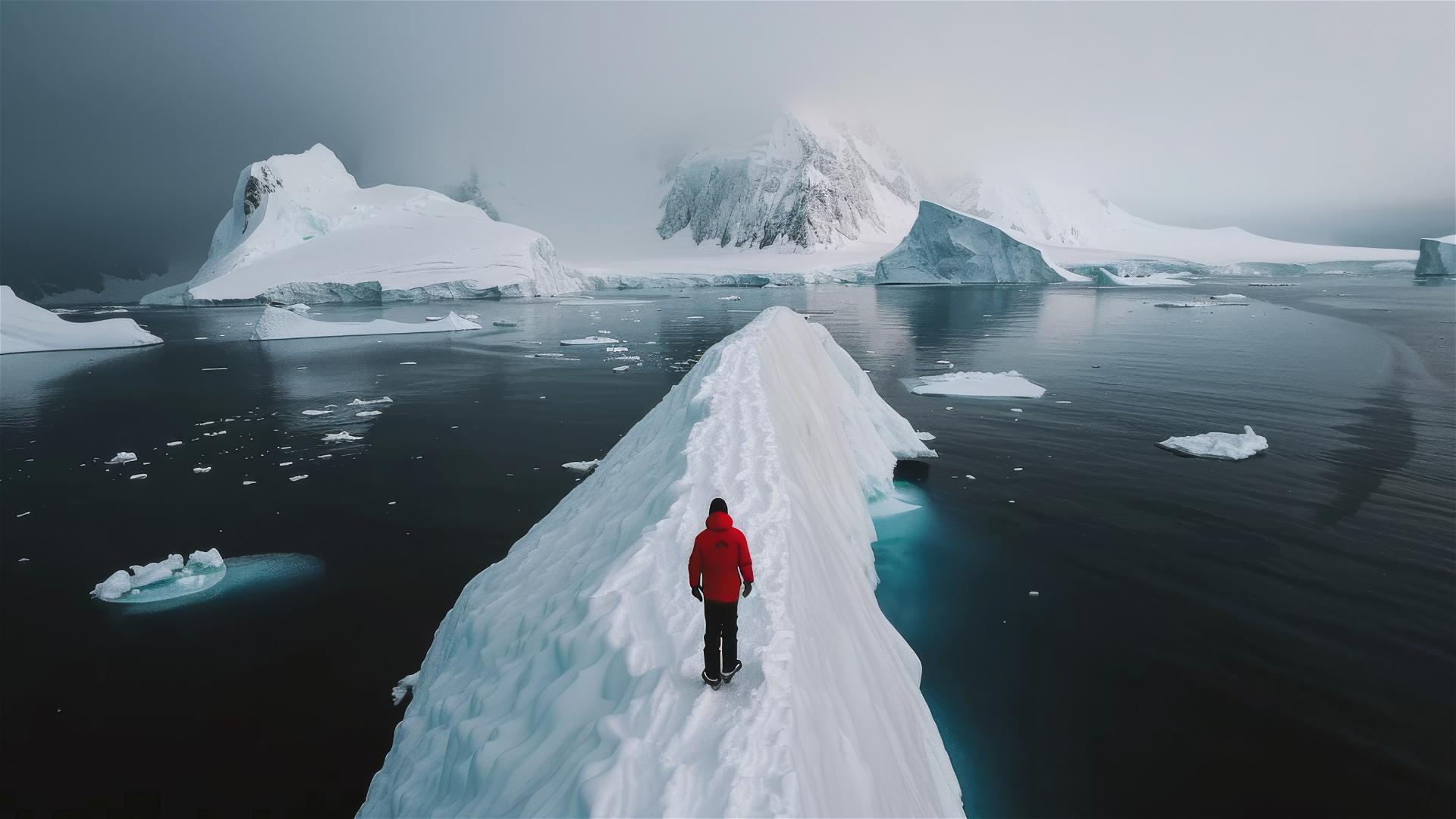 Dark figure on the ground in Antarctica viewed from above
