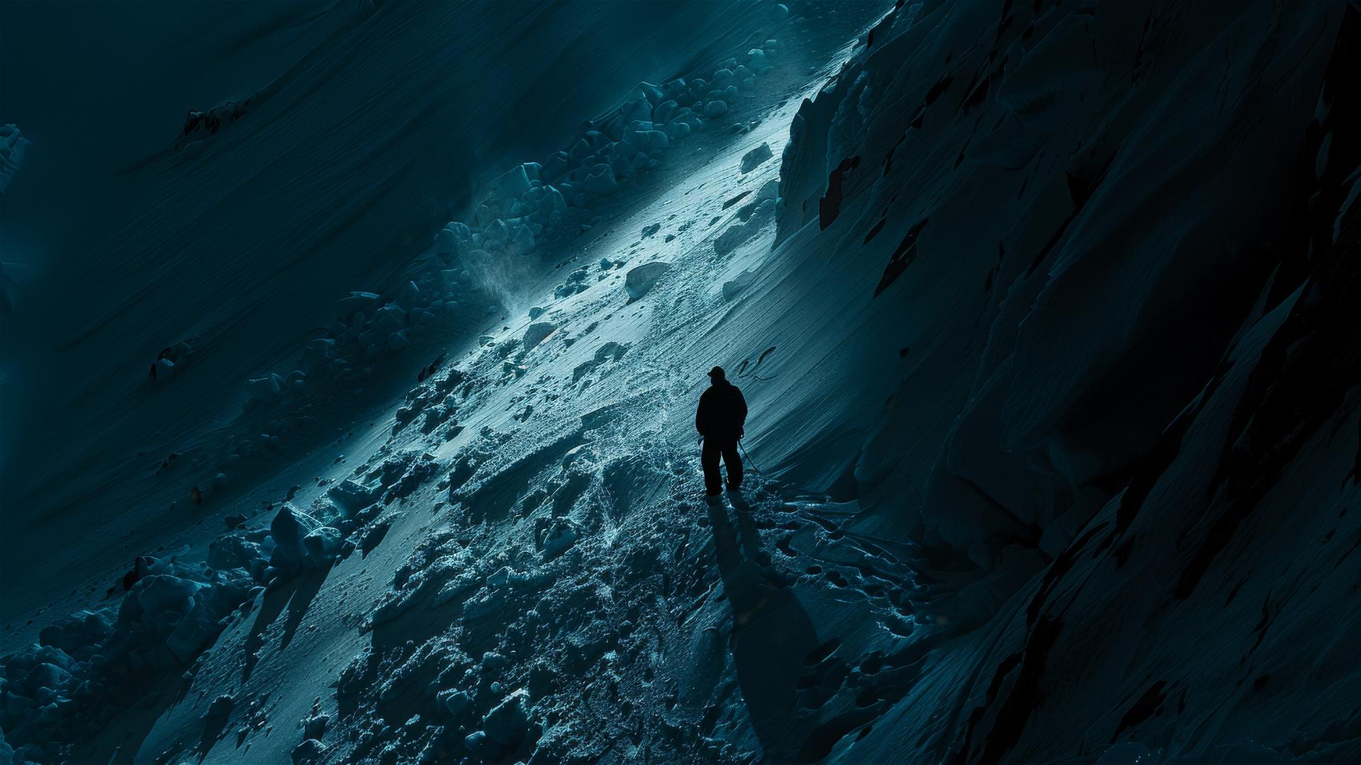 Aerial view of a dark figure in Antarctica, depicting loneliness and stillness