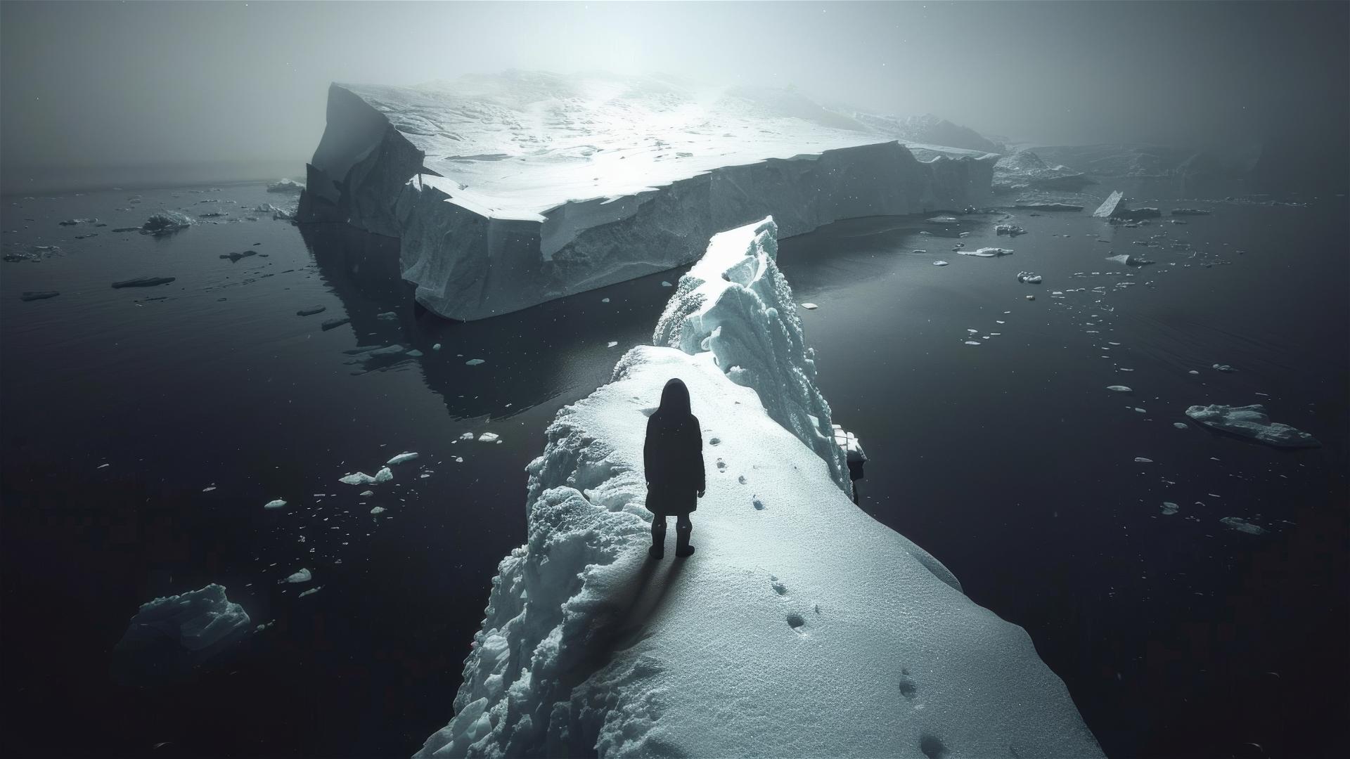 Dark figure on icy ground in Antarctica depicting stillness