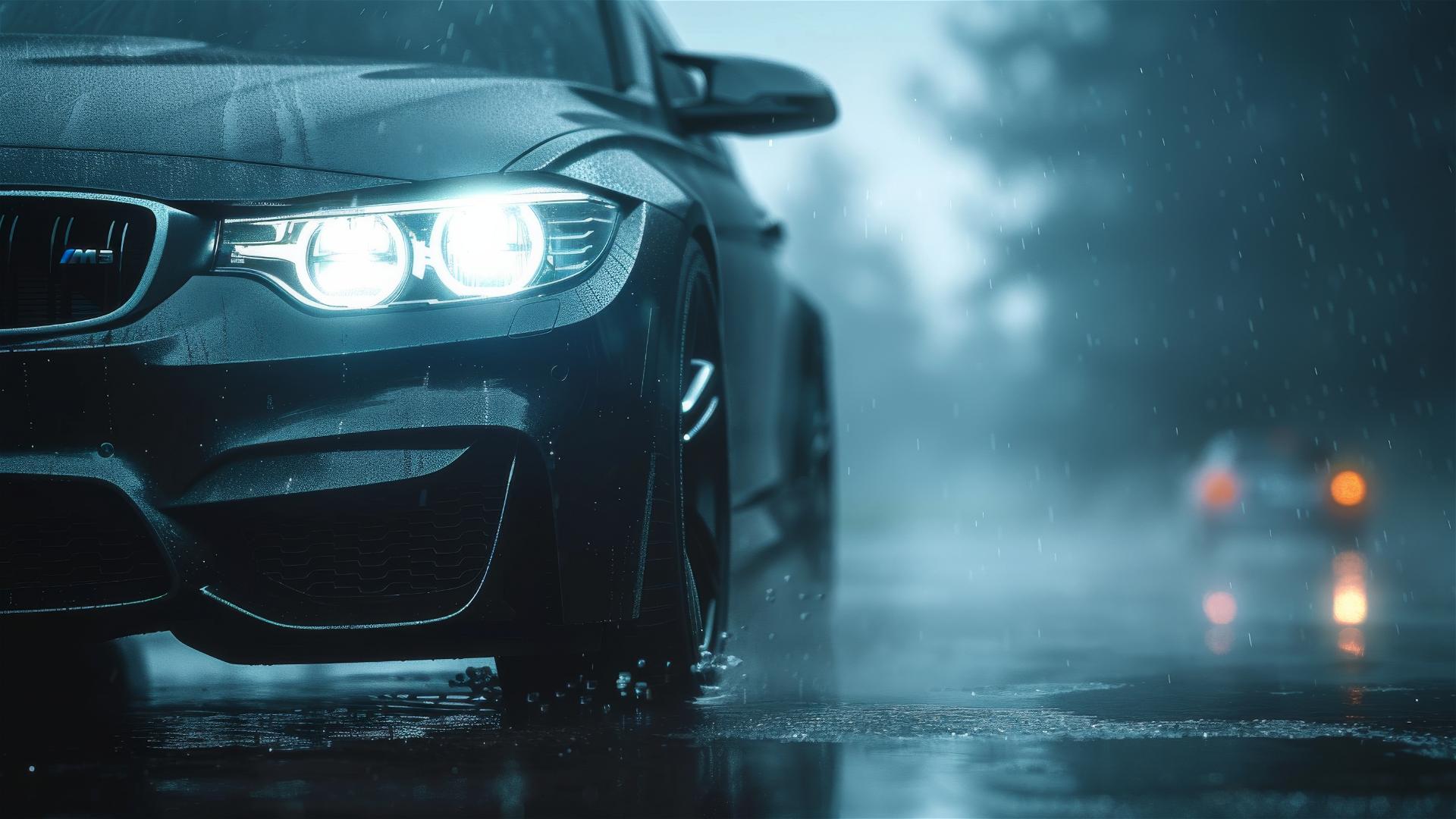 Close-up of BMW 3 Series in gothic gloomy style with dim lighting and fog