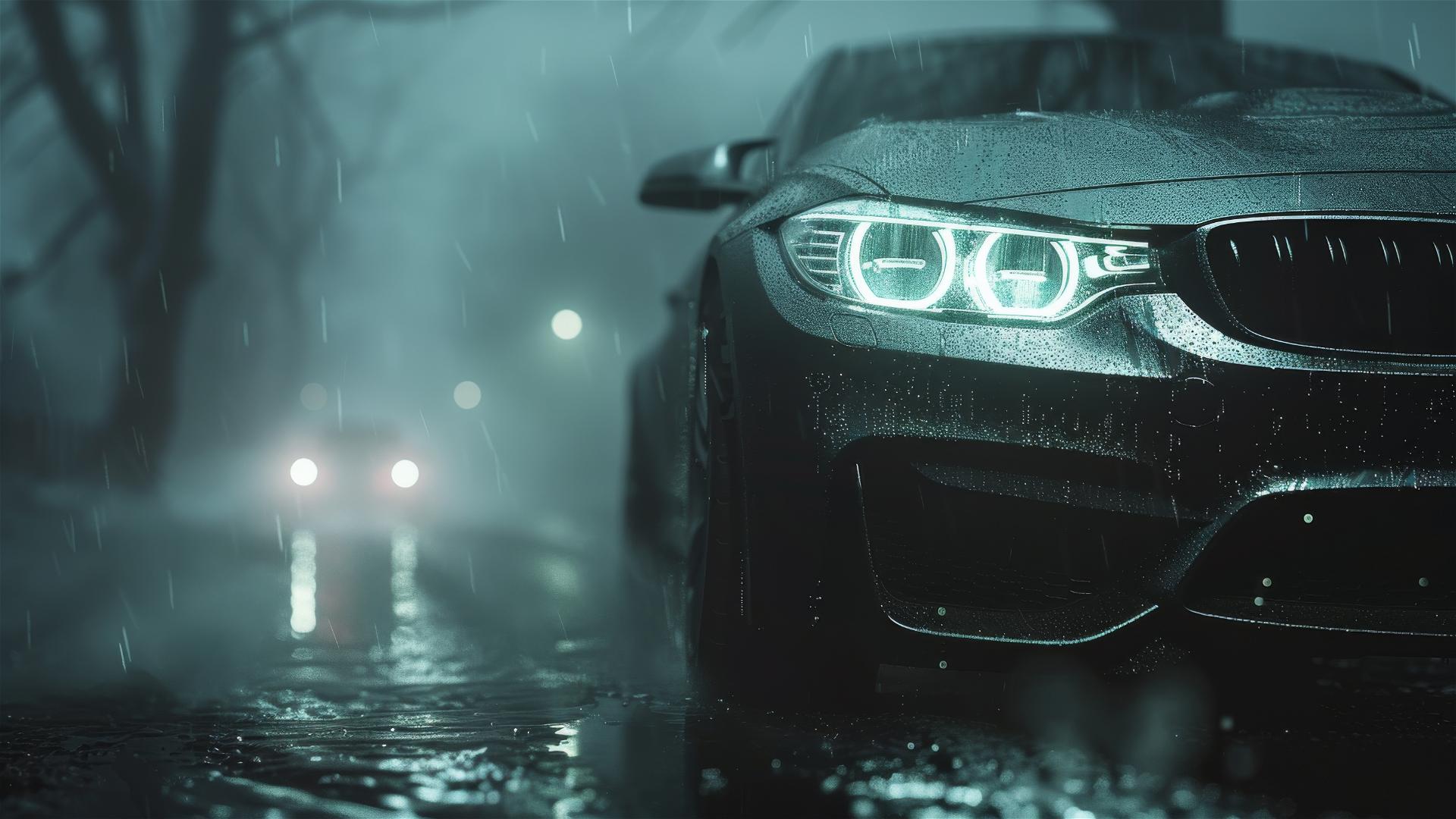 BMW 3 Series in dim lighting with a gothic, gloomy atmosphere, photorealistic closeup view in fog