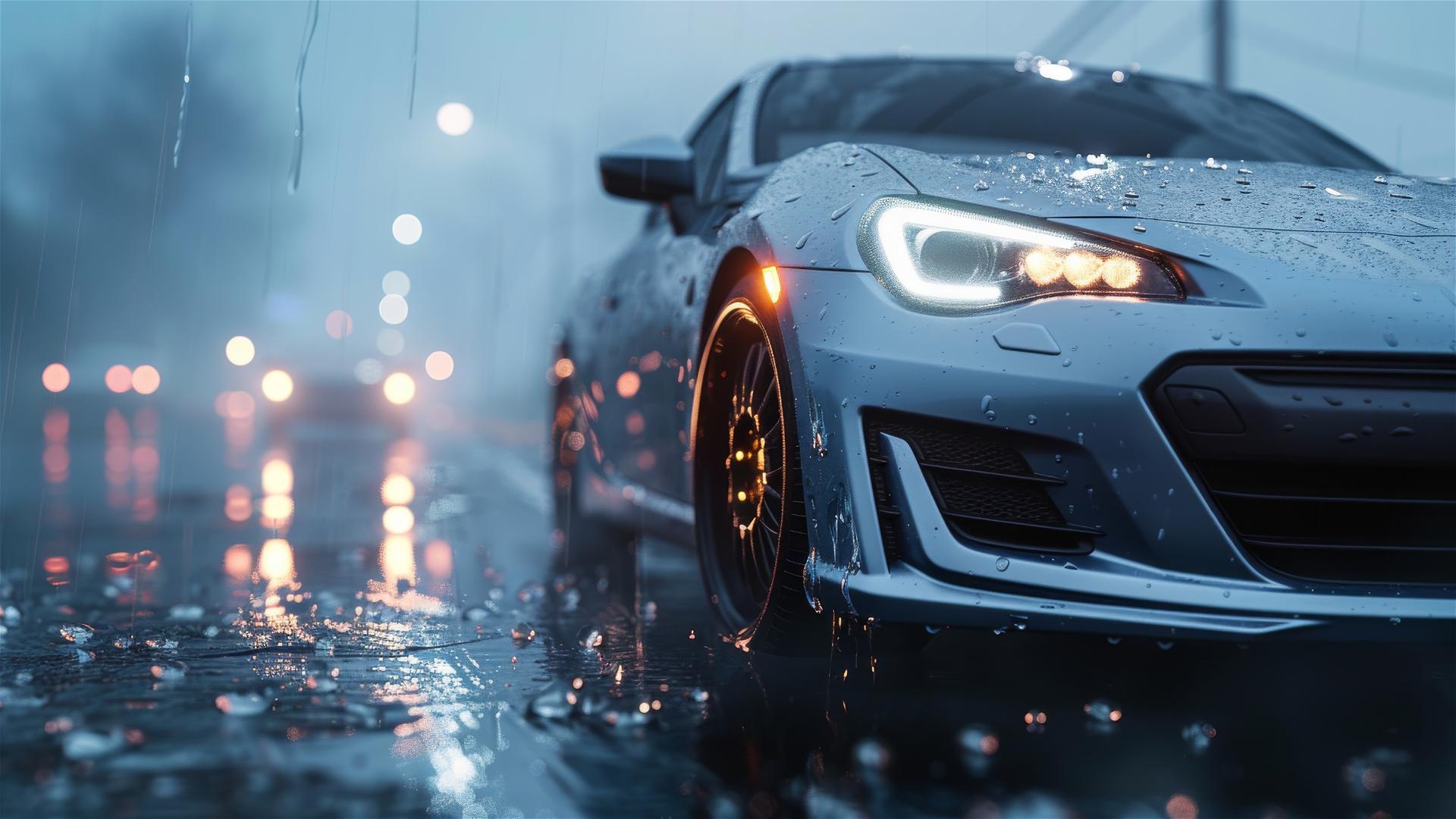 Photorealistic closeup of Subaru BRZ in dim lighting with Gothic gloom and fog