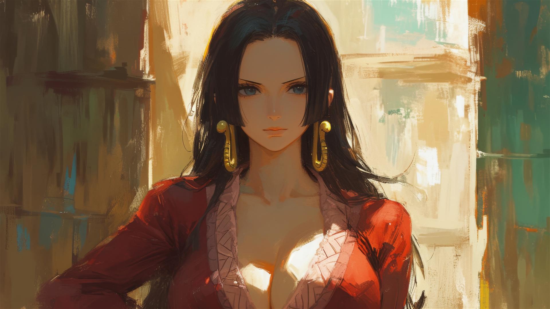 Boa Hancock from One Piece exploring an art gallery under soft lighting