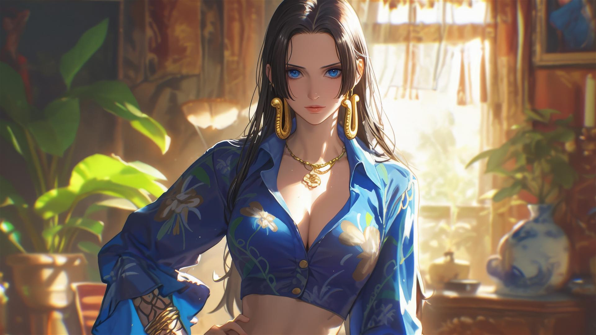 Boa Hancock from One Piece, leisurely wandering through an art gallery, the soft gallery lights casting a soft glow on her figure