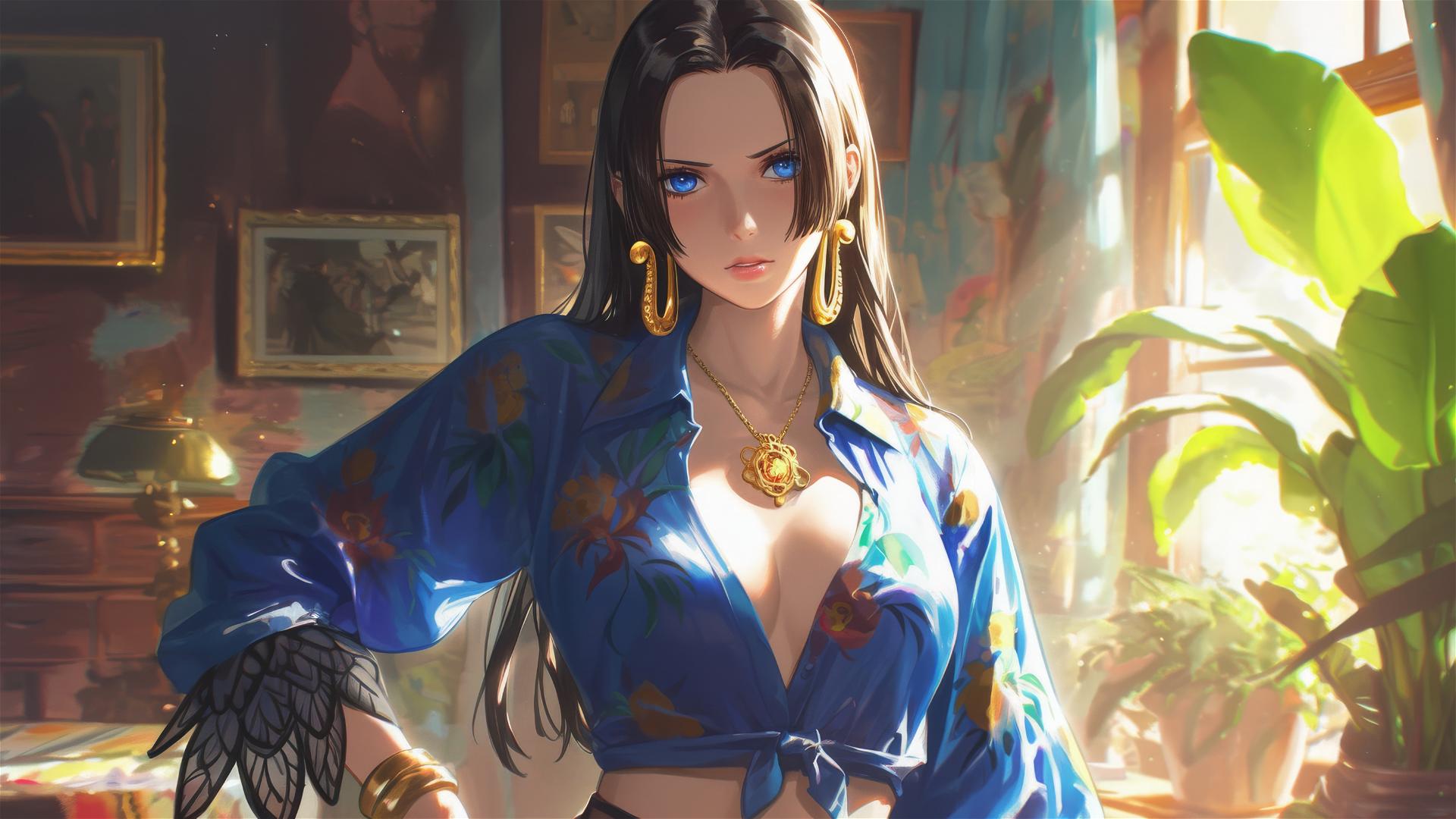 Boa Hancock from One Piece in an art gallery with soft lighting