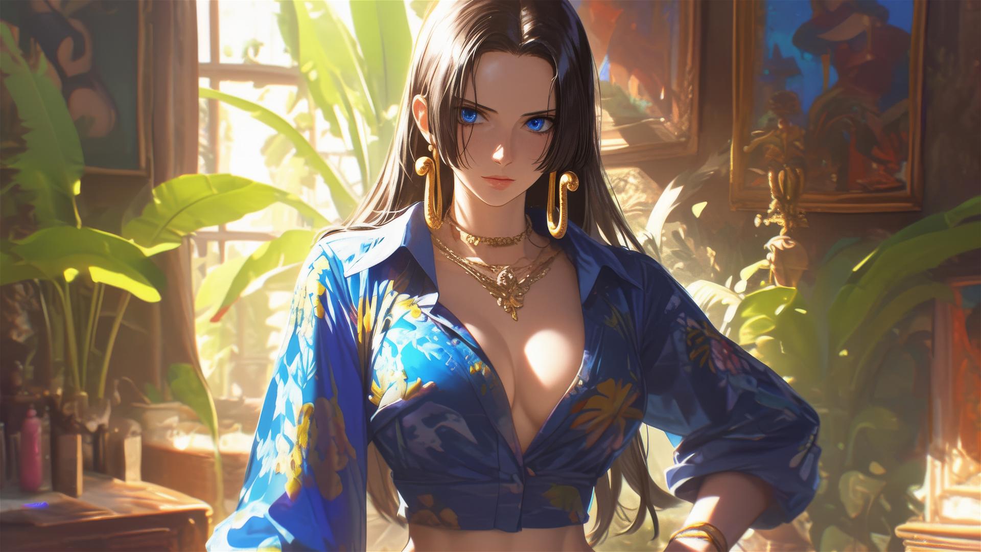 Boa Hancock from One Piece in an art gallery lit by soft lights