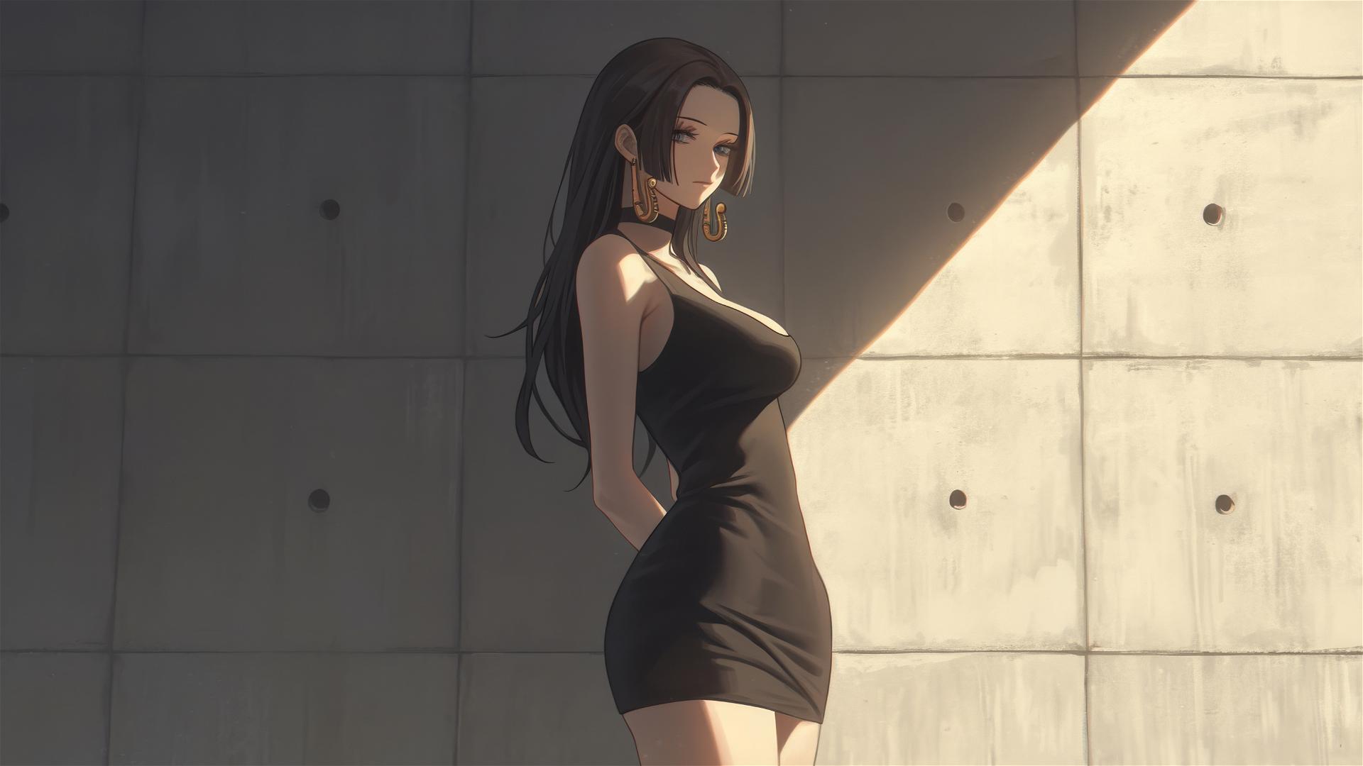Boa Hancock from One Piece, leisurely wandering through an art gallery, the soft gallery lights casting a soft glow on her figure