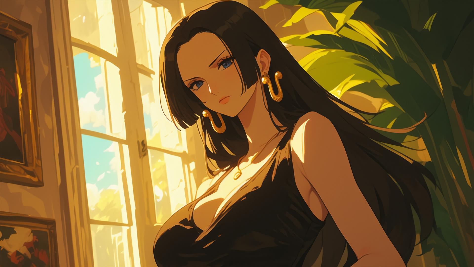 Boa Hancock from One Piece wandering through an art gallery with soft lights.