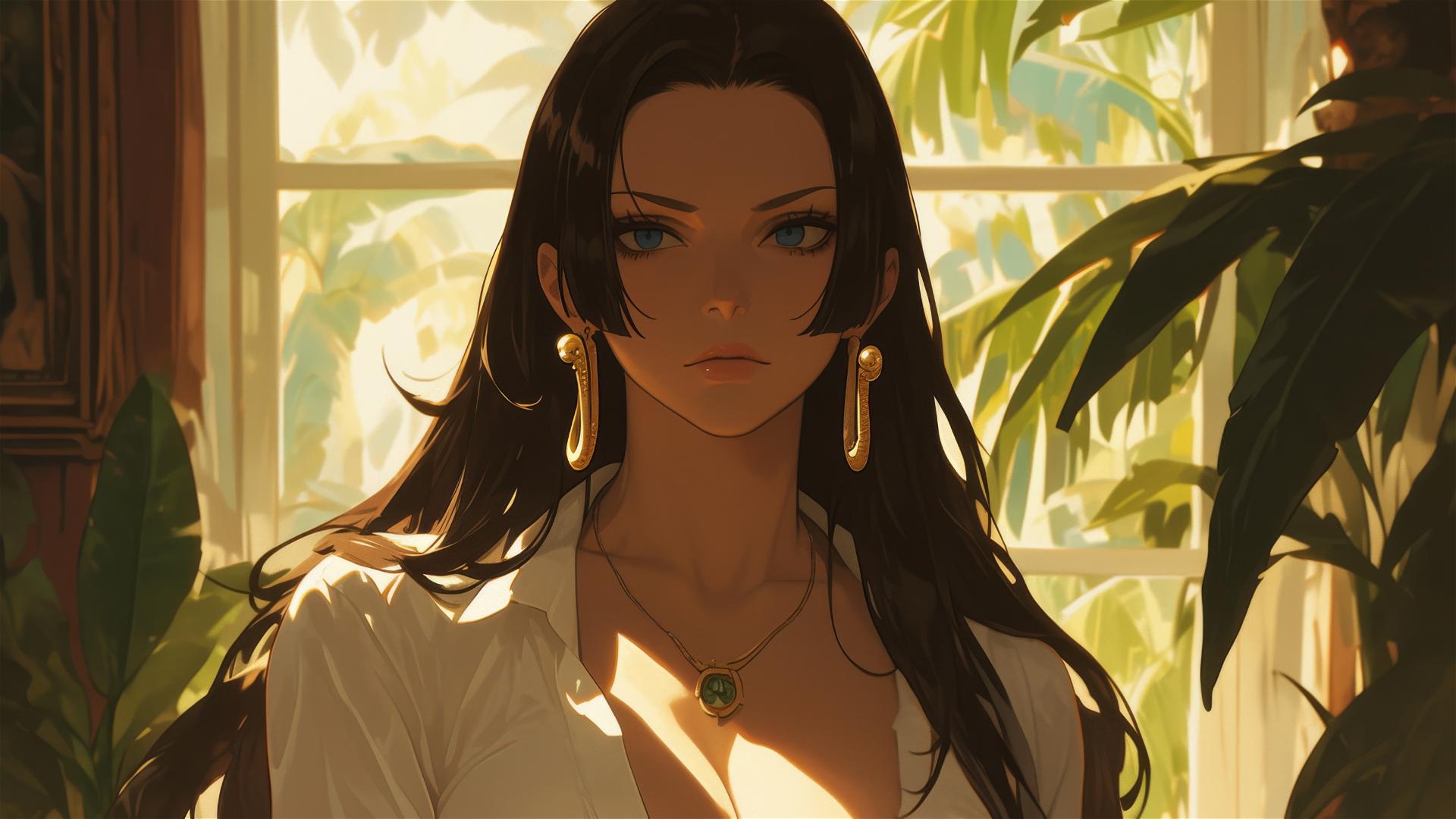 Boa Hancock from One Piece wandering in an art gallery under soft lights