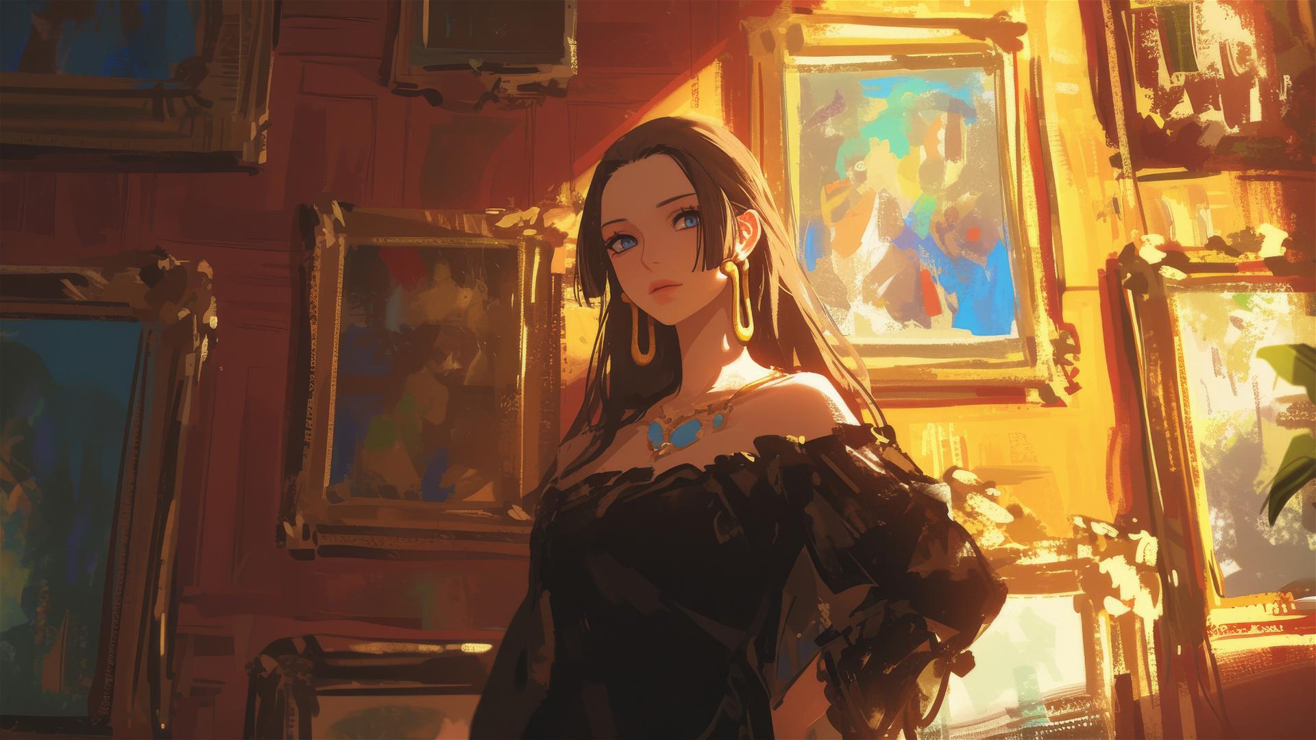Boa Hancock from One Piece wandering in an art gallery under soft lights