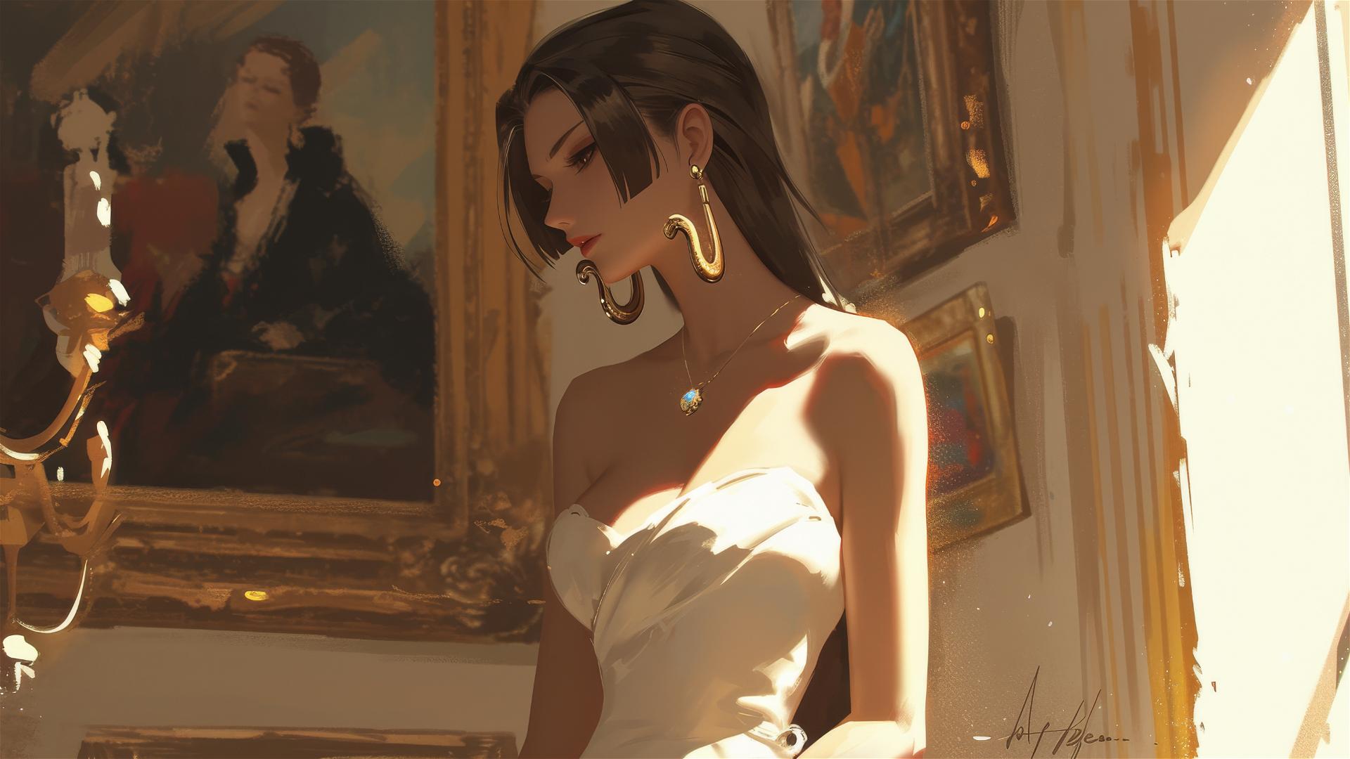 Boa Hancock strolls through an art gallery under soft light
