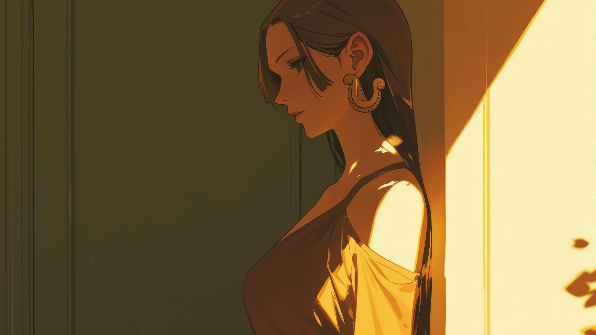 Boa Hancock from One Piece wandering leisurely in an art gallery under soft lighting