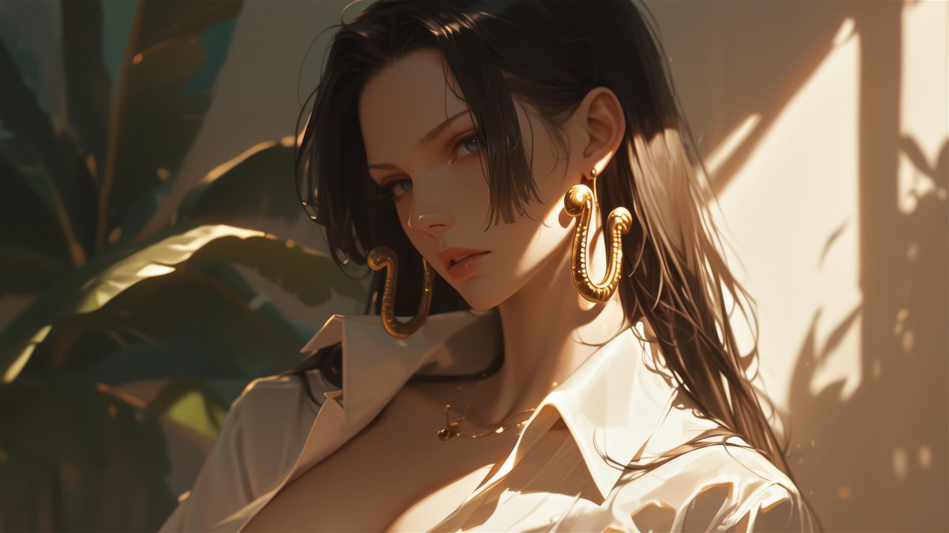 Boa Hancock from One Piece in an art gallery under soft lighting