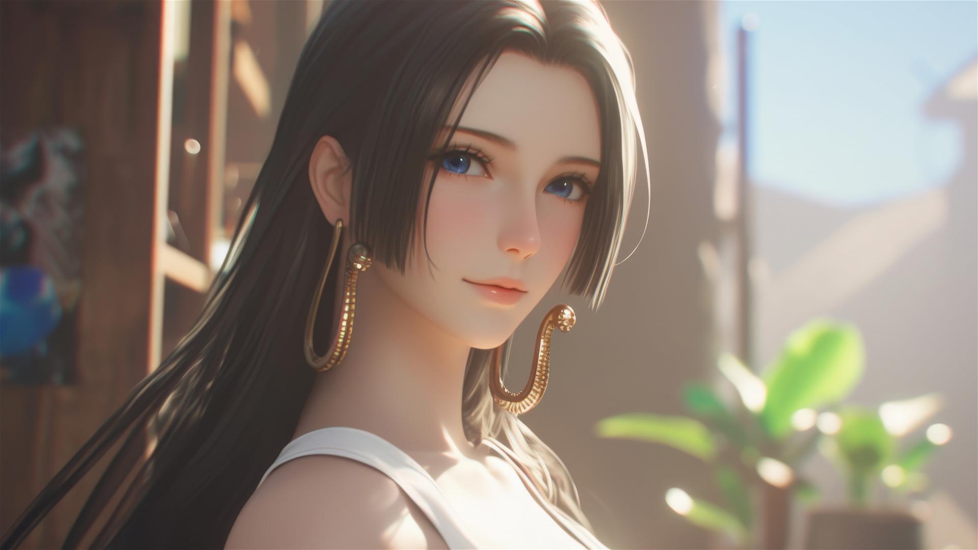 Boa Hancock from One Piece strolling in an art gallery under soft lighting