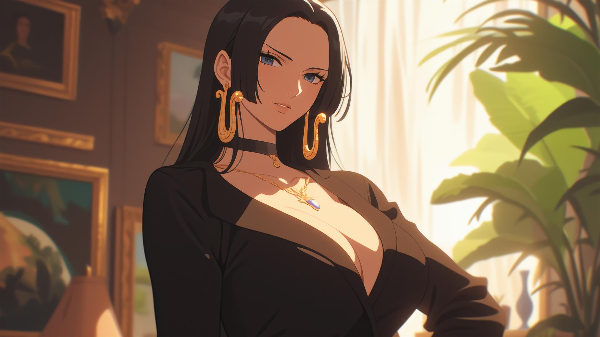 Boa Hancock from One Piece wandering in an art gallery under soft lights