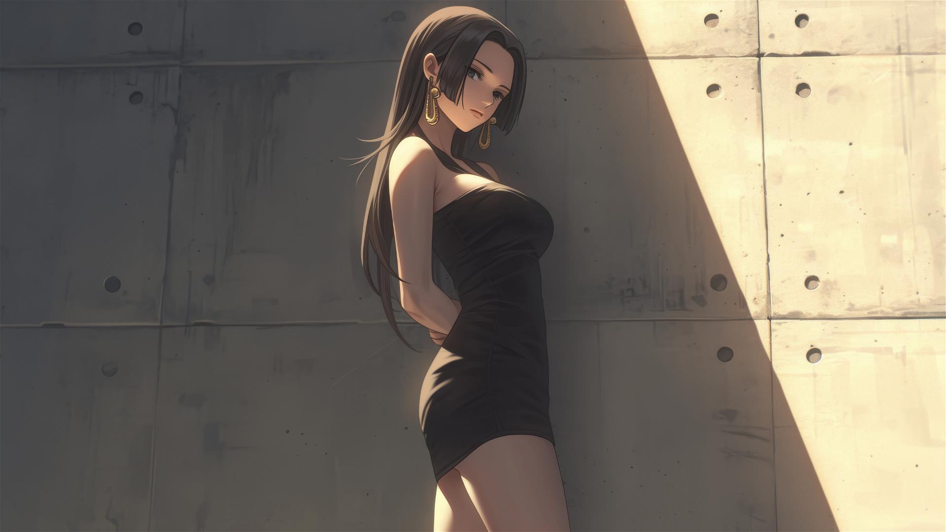 Boa Hancock from One Piece wandering in an art gallery under soft lights