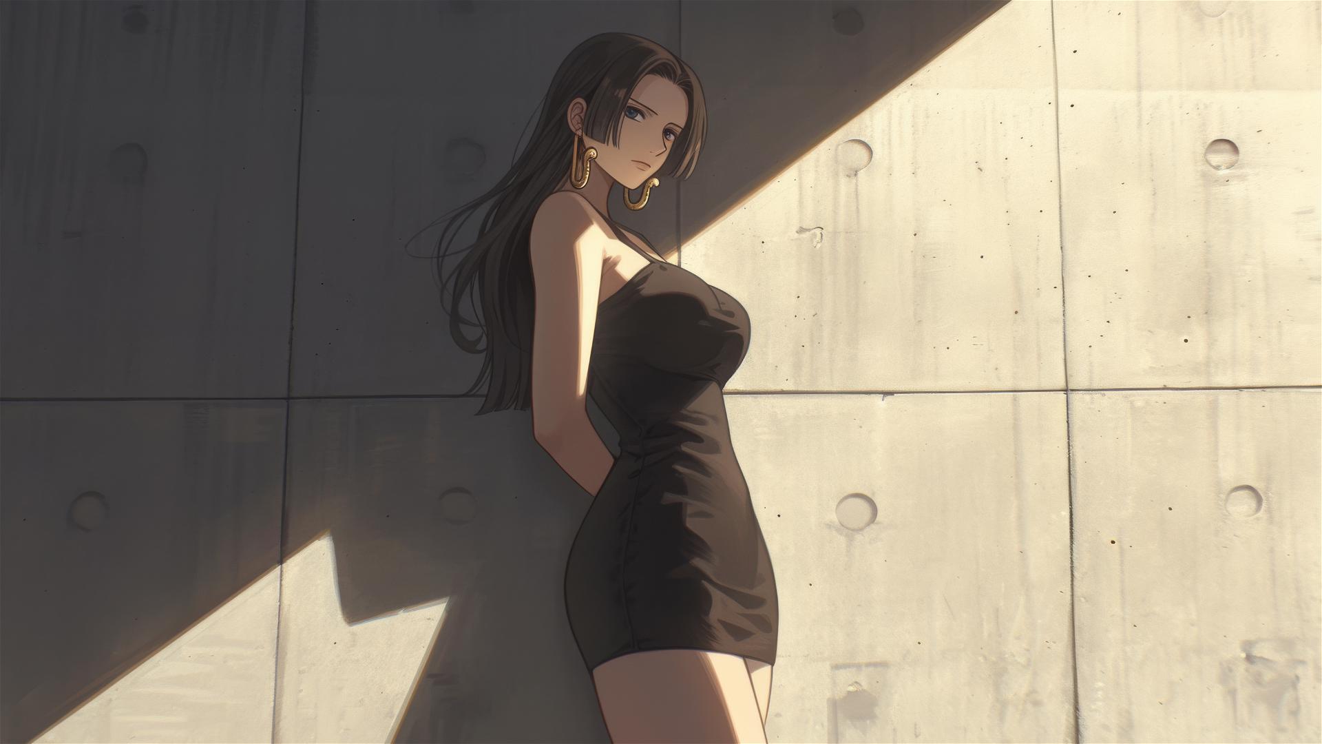 Boa Hancock from One Piece wandering in a softly lit art gallery