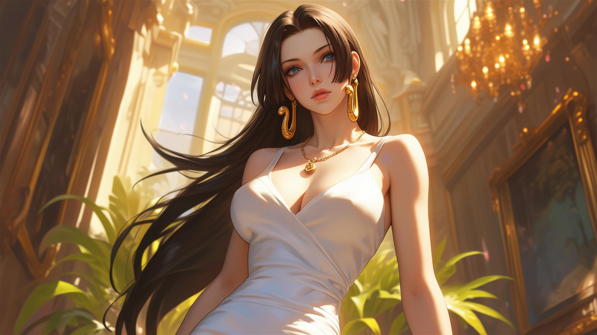 Boa Hancock from One Piece wandering through an art gallery