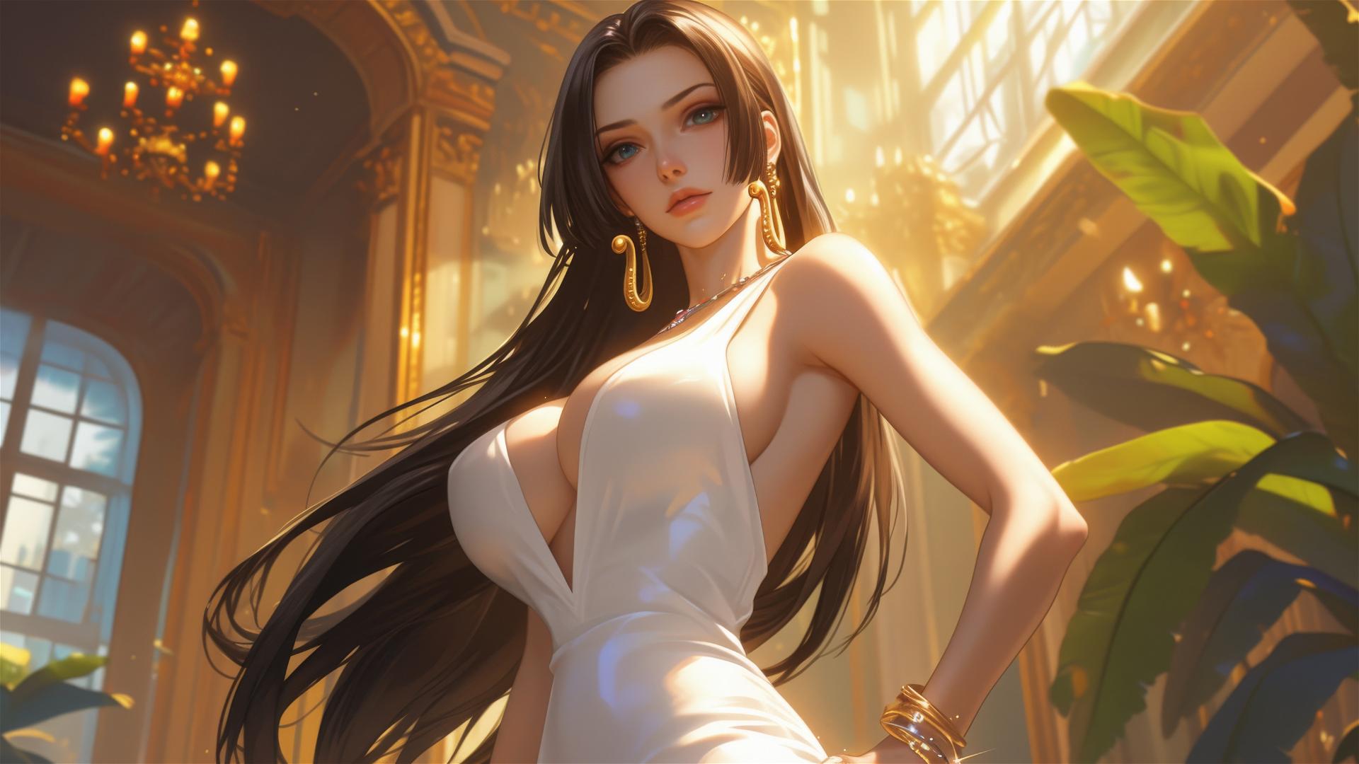 Boa Hancock walking through an art gallery under soft lights