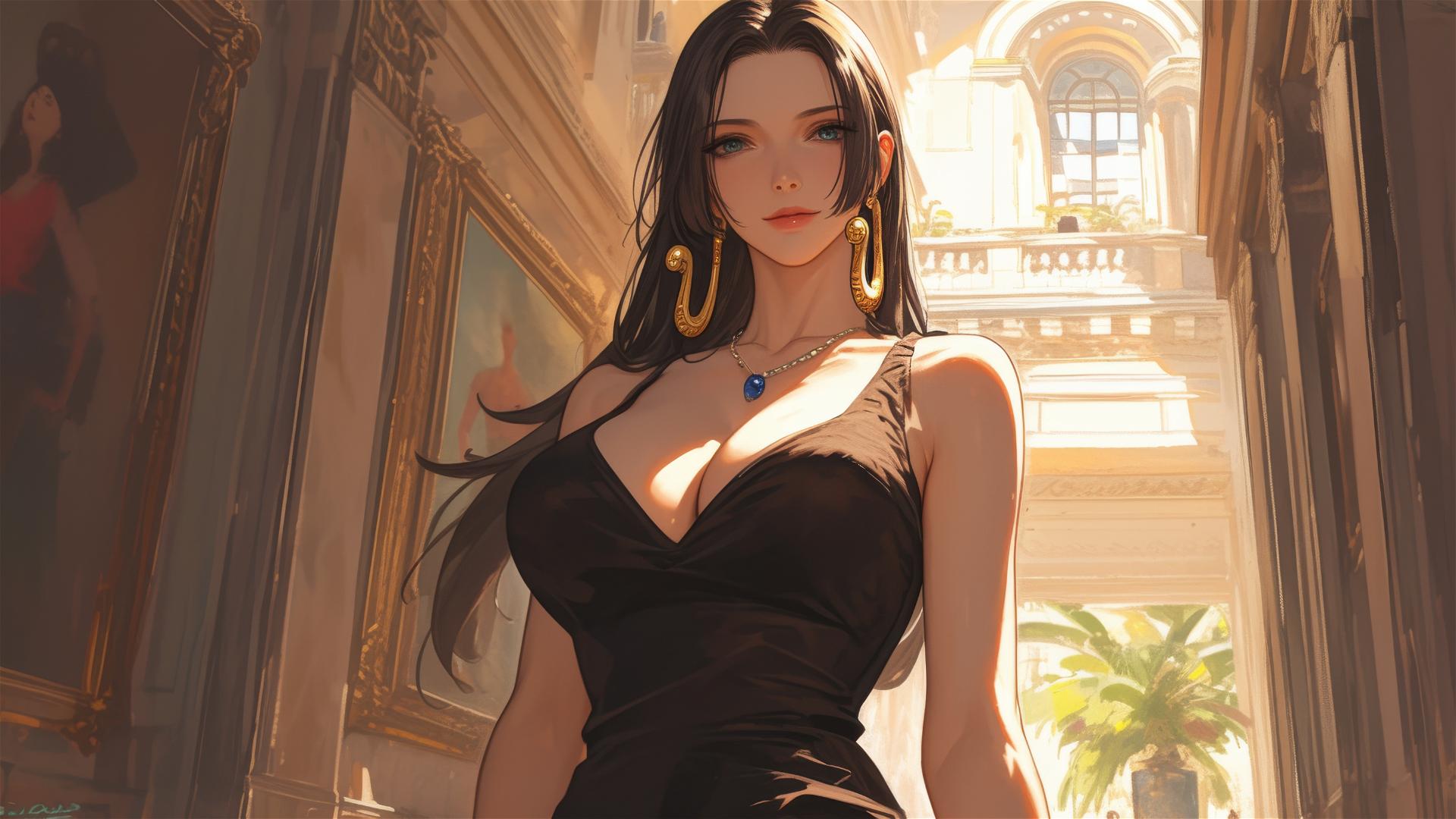 Boa Hancock from One Piece wandering through an art gallery