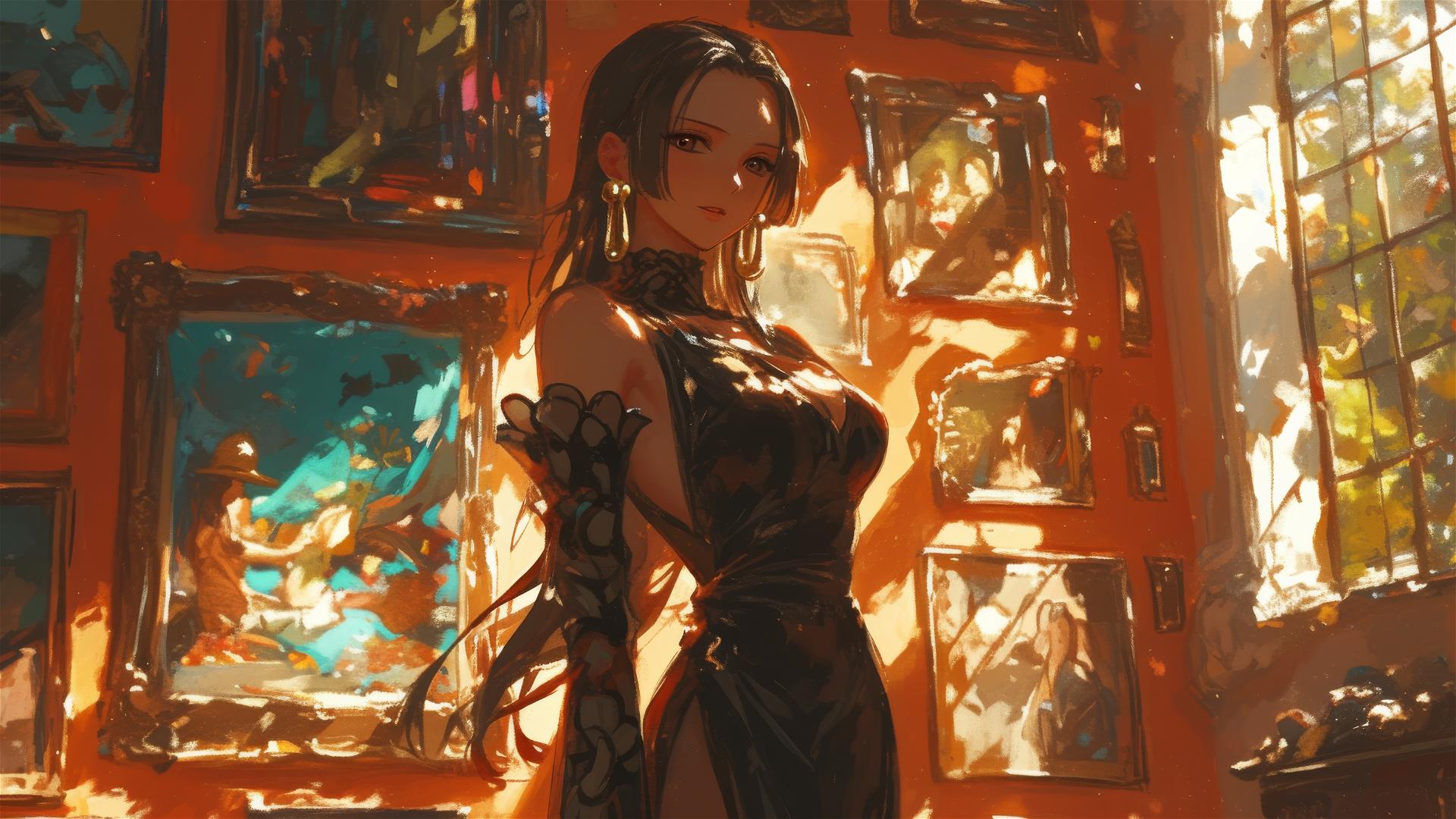 Boa Hancock from One Piece strolling in an art gallery