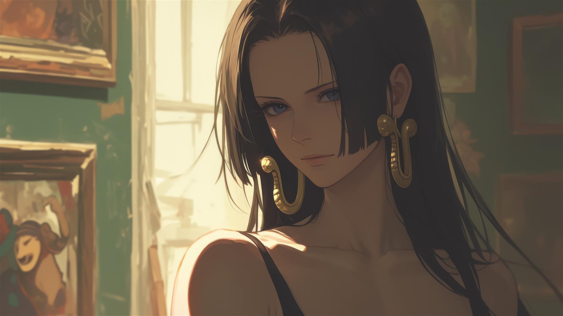Boa Hancock from One Piece in an art gallery with soft lighting