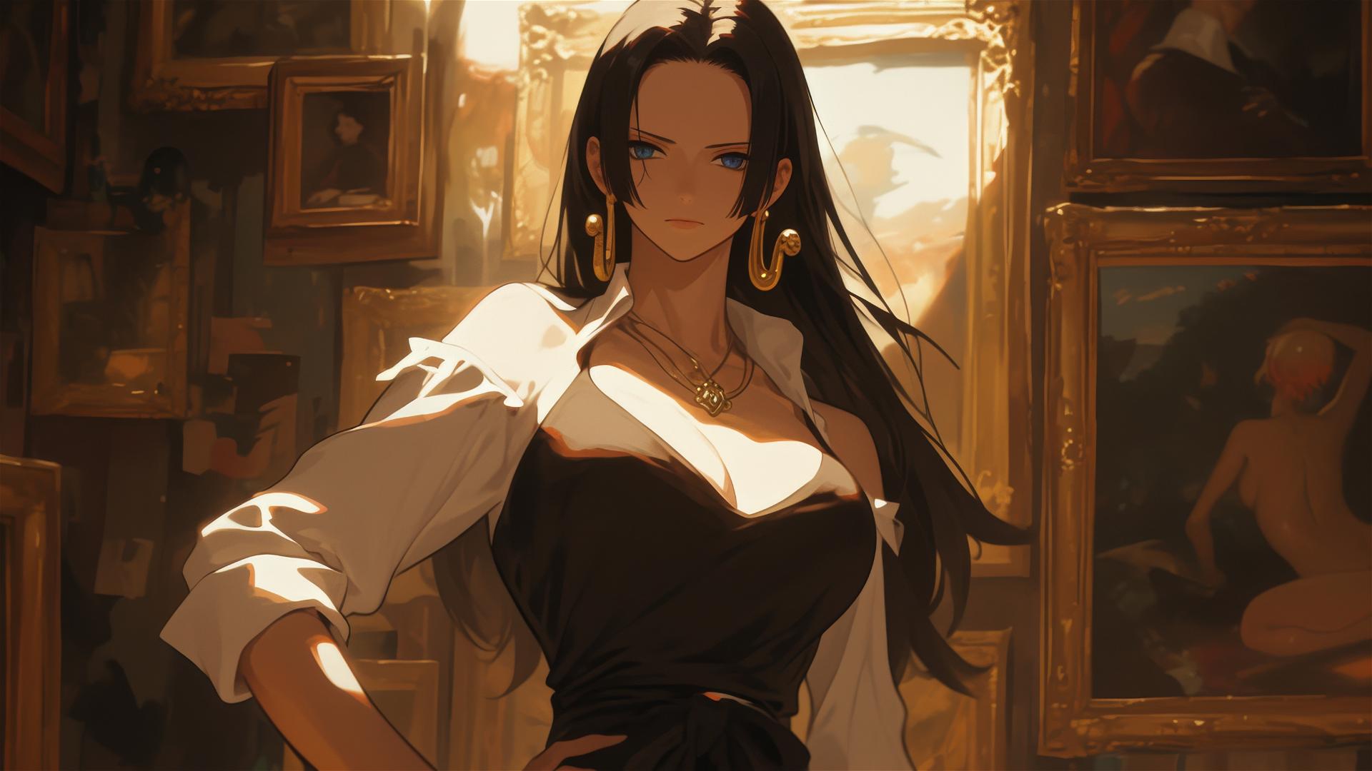 Boa Hancock from One Piece in art gallery under soft lights