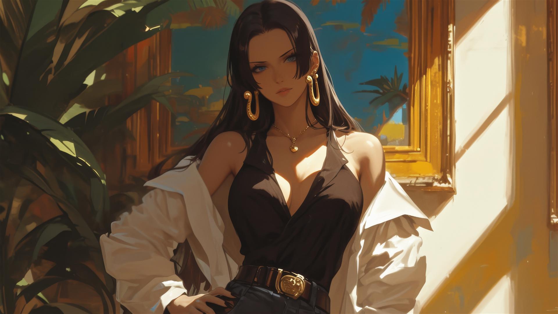 Boa Hancock from One Piece walking in an art gallery under soft lighting