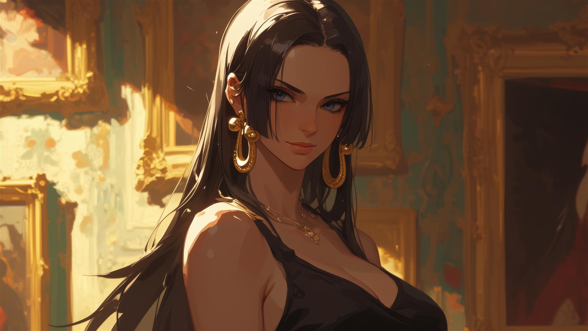 Boa Hancock from One Piece in an art gallery under soft lighting