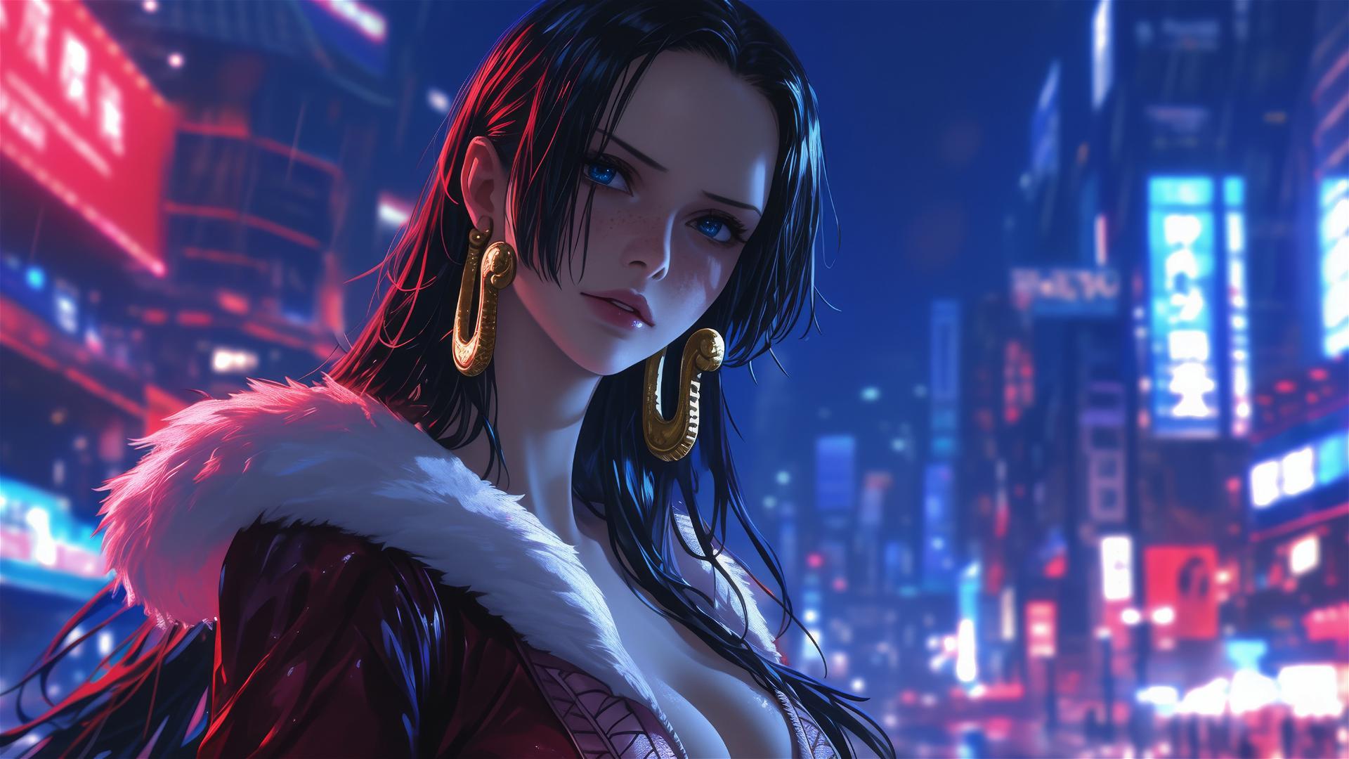 Boa Hancock exploring a bustling city at night under neon lights