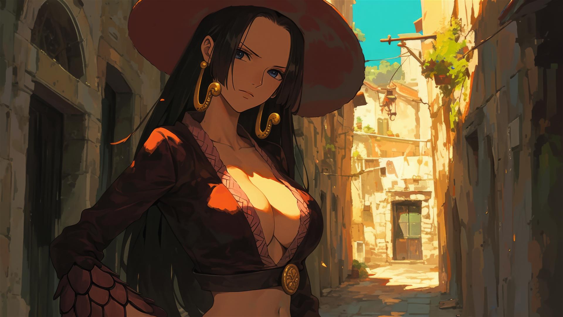 Boa Hancock from One Piece walking on a cobblestone street at twilight