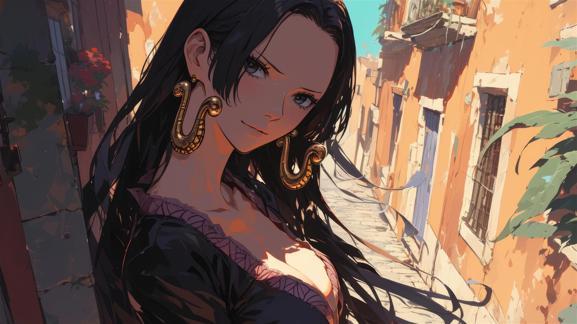 Boa Hancock from One Piece walking on a cobblestone street under twilight
