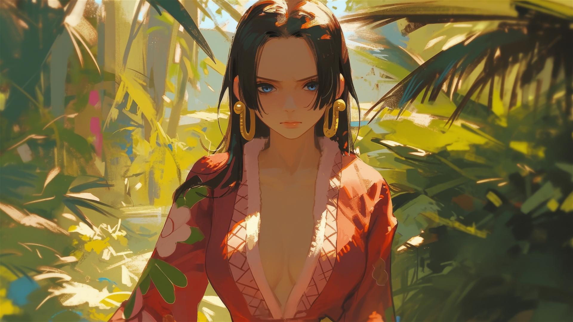 Boa Hancock from One Piece in a sunlit garden, the afternoon sun highlighting her