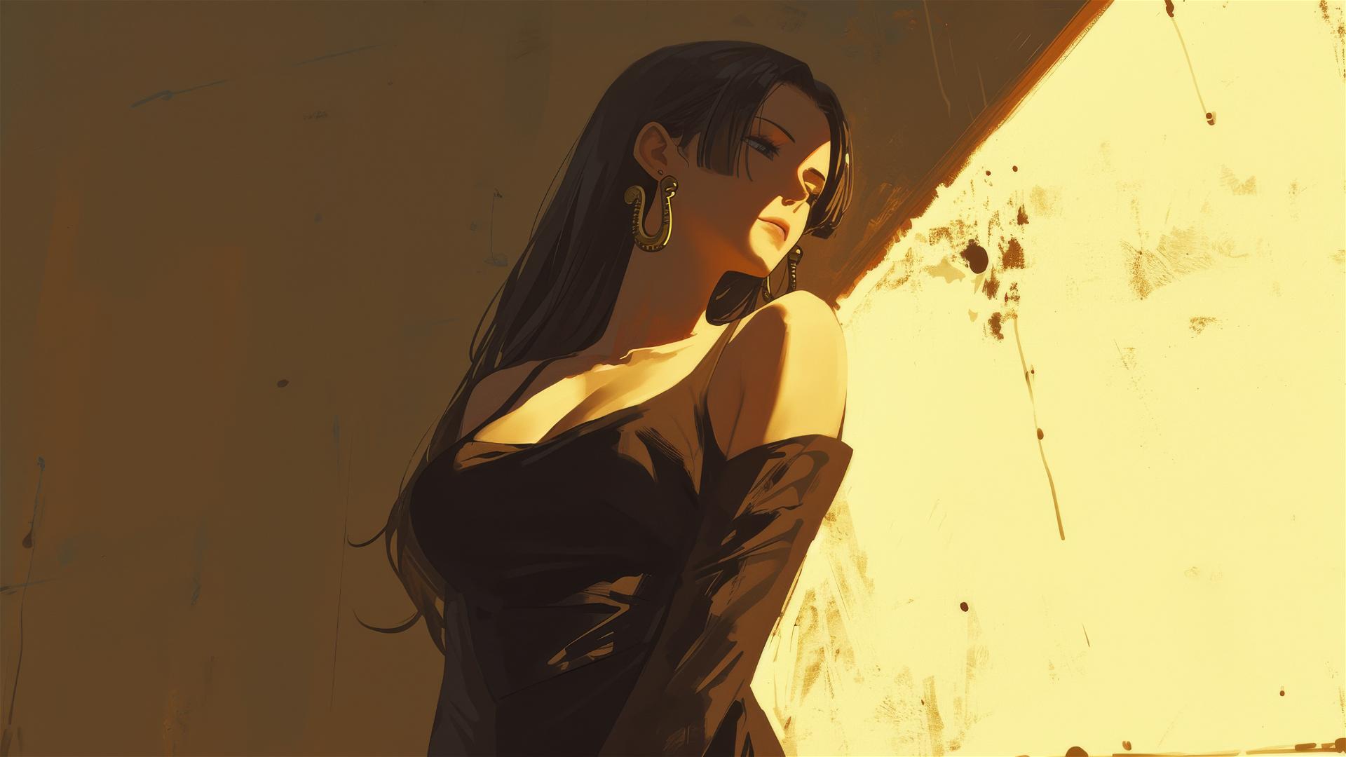 Boa Hancock from One Piece wandering through an art gallery under soft glow