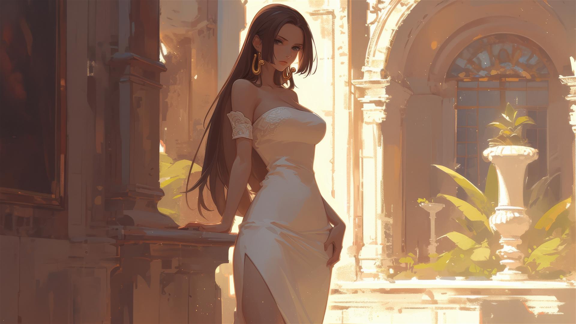 Boa Hancock from One Piece strolling through an art gallery under soft lighting