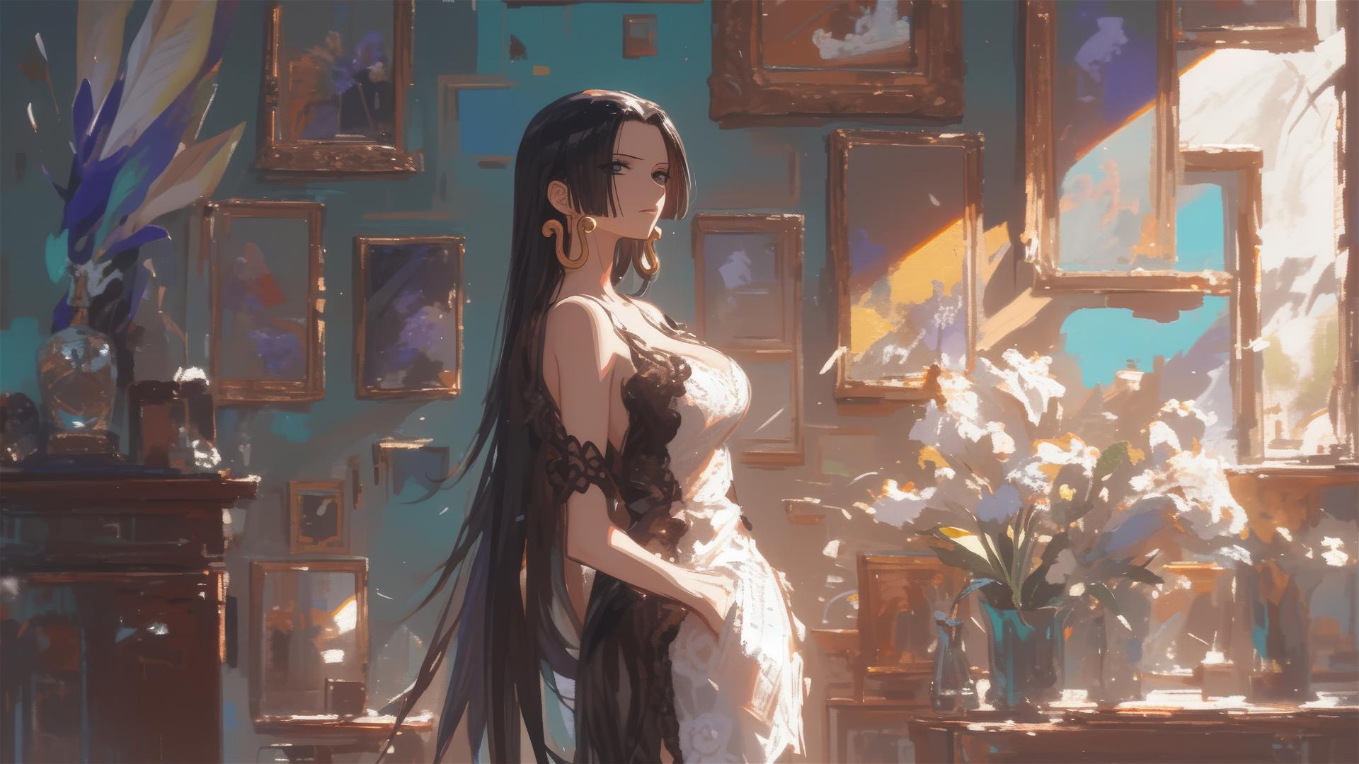 Boa Hancock from One Piece strolling in an art gallery under soft lights