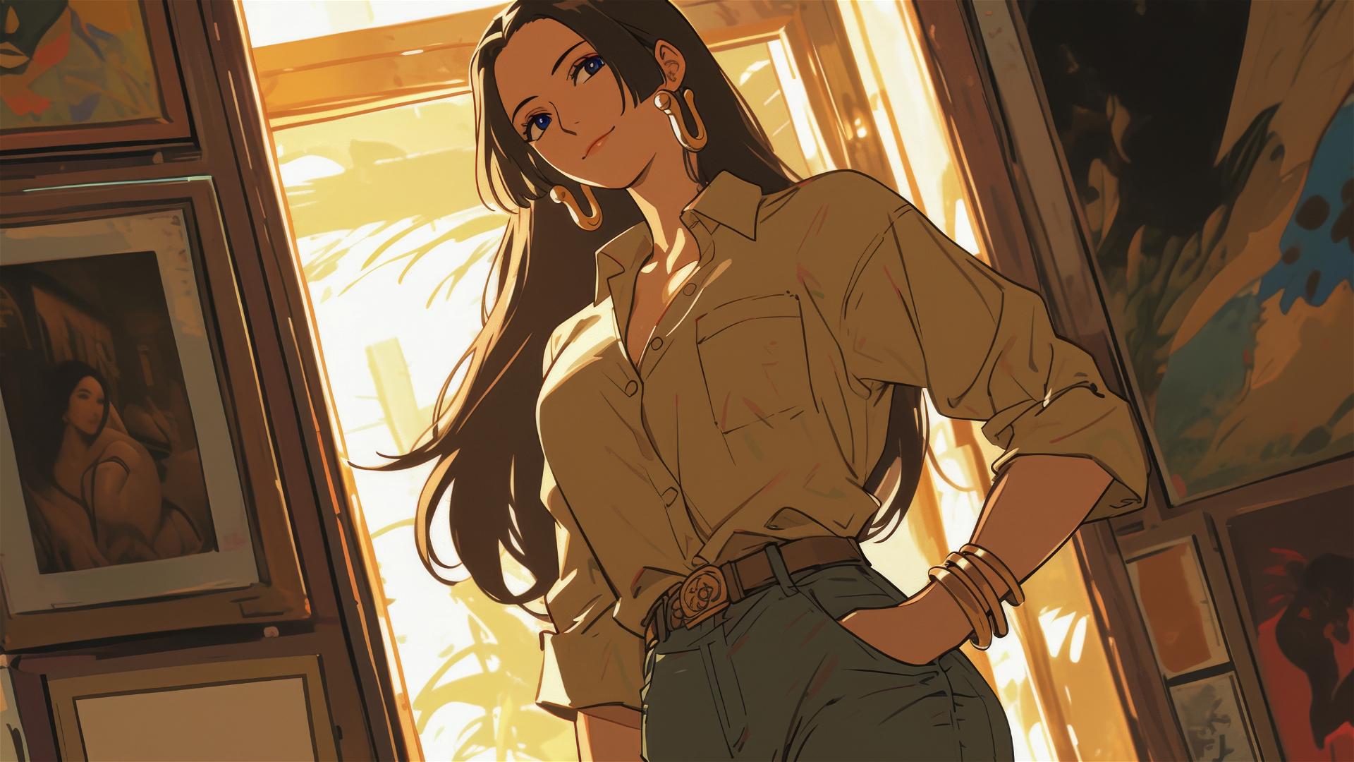 Boa Hancock from One Piece in an art gallery under soft lighting