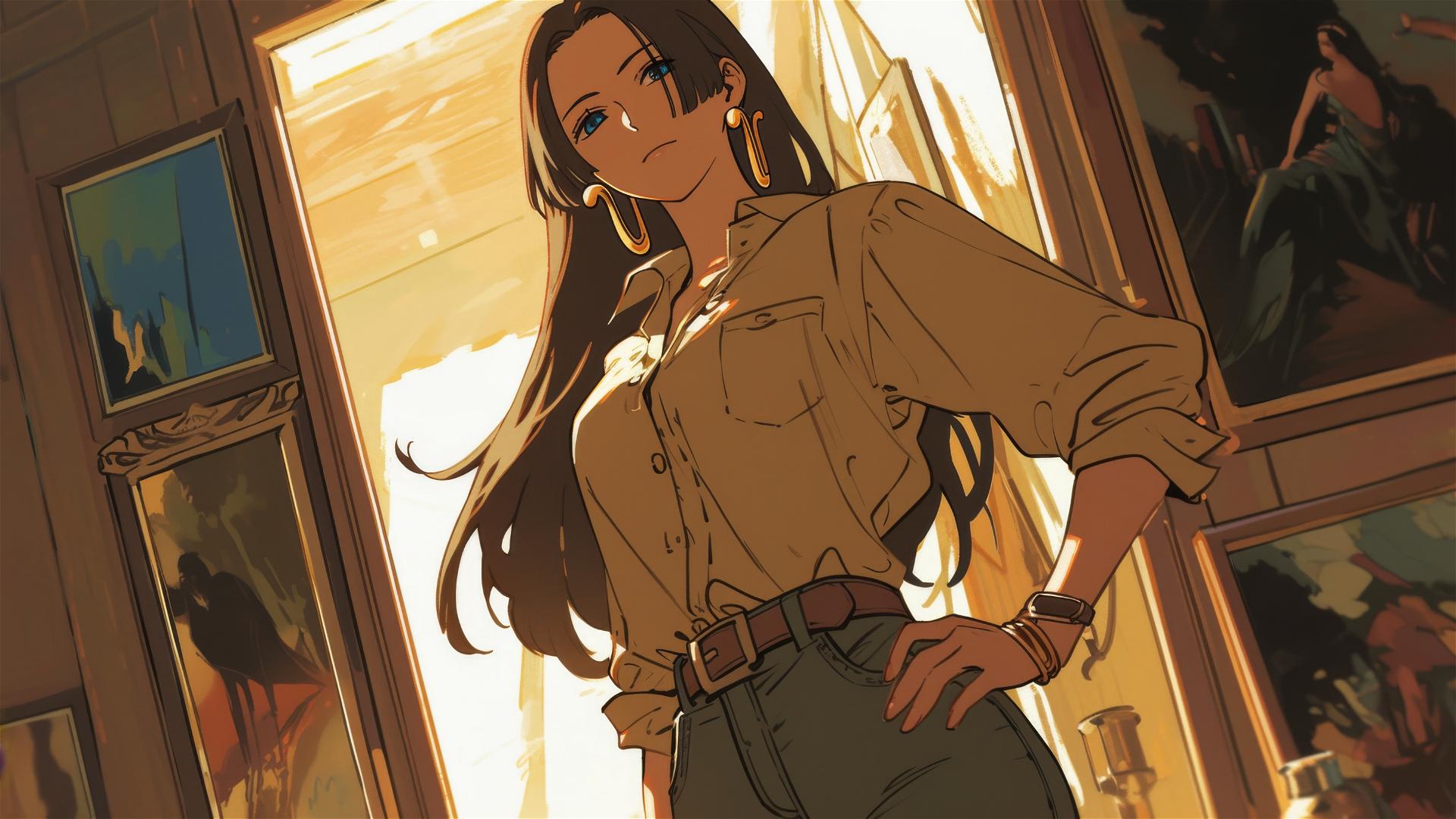 Boa Hancock from One Piece walking in an art gallery under soft lighting