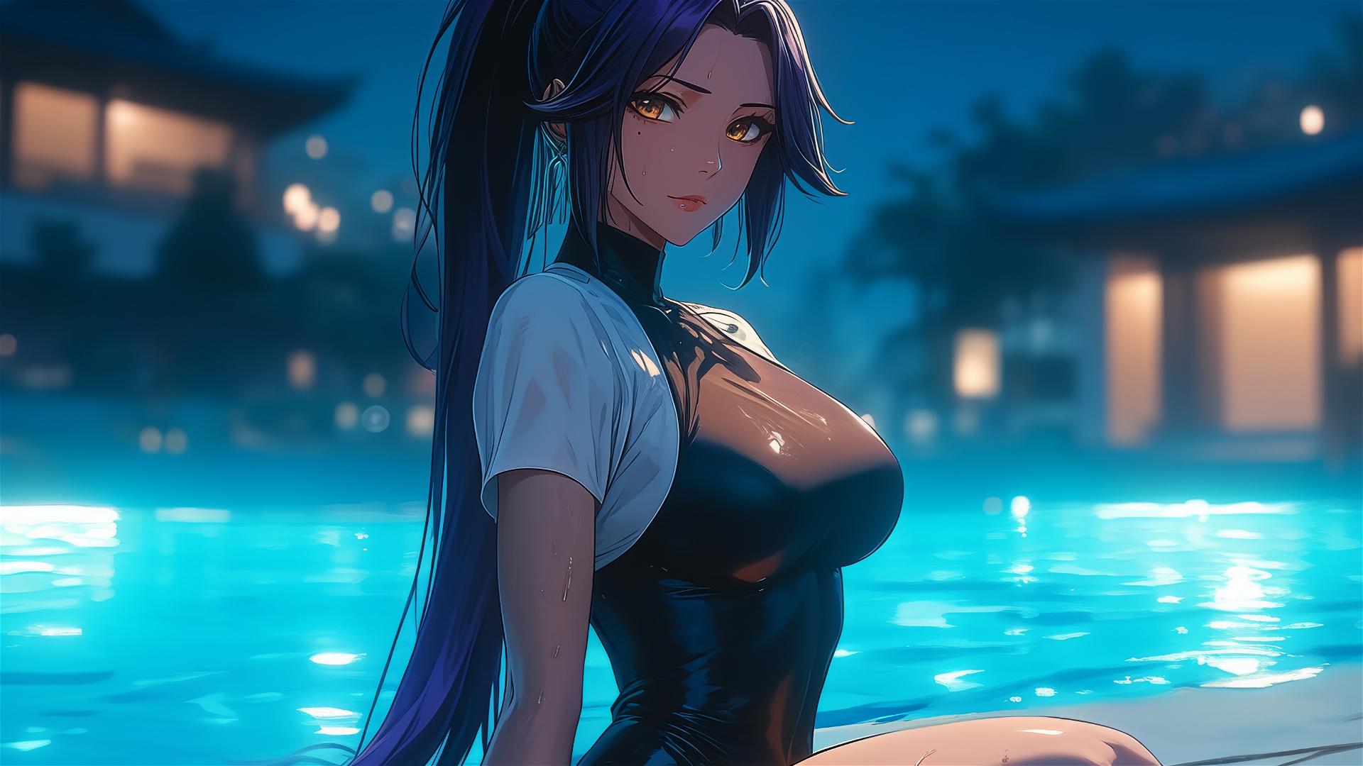 Yoruichi Shihouin resting by pool under moonlight, dark skin, golden eyes, long purple ponytail